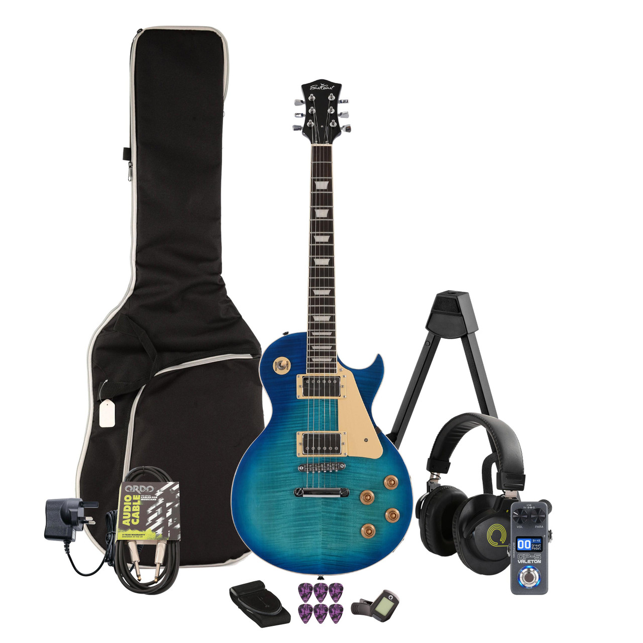 EastCoast L1 Electric Guitar in Blue Burst Multi-FX & Modelling Bundle with Accessories EastCoast L1 Electric Guitar in Blue Burst Multi-FX & Modelling Bundle with Accessories