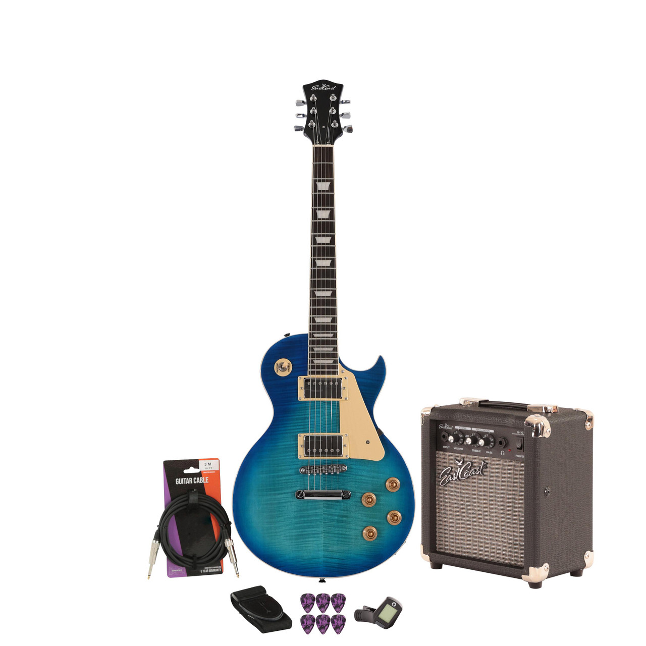 EastCoast L1 Electric Guitar Starter Pack in Blue Burst with 10W Amp & Accessories EastCoast L1 Electric Guitar Starter Pack in Blue Burst with 10W Amp & Accessories