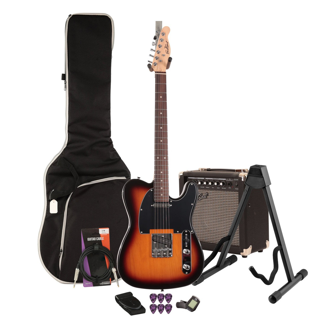 EastCoast T1 Electric Guitar Starter Pack in Vintage Sunburst with 15W Amp & Accessories EastCoast T1 Electric Guitar Starter Pack in Vintage Sunburst with 15W Amp & Accessories