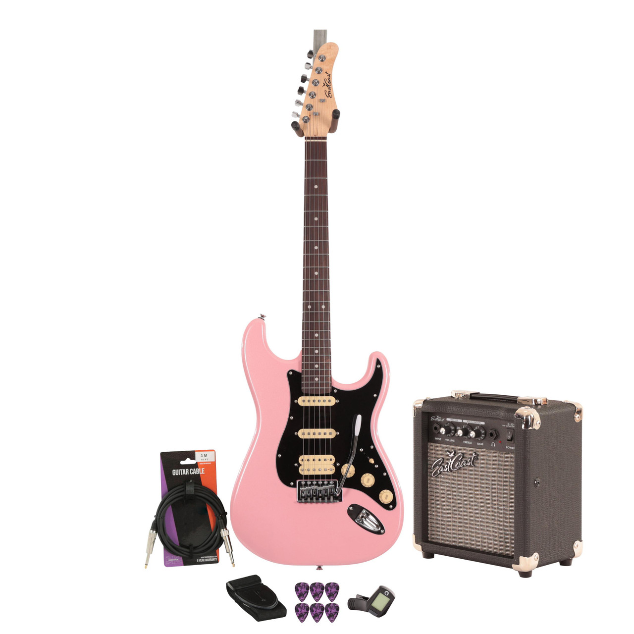 EastCoast ST2 Electric Guitar Starter Pack in Bubblegum Metallic with 10W Amp & Accessories EastCoast ST2 Electric Guitar Starter Pack in Bubblegum Metallic with 10W Amp & Accessories