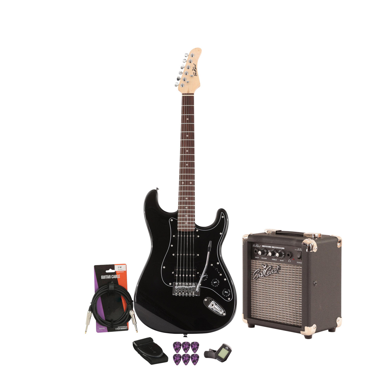 EastCoast ST2 Electric Guitar Starter Pack in Black Metallic with 10W Amp & Accessories EastCoast ST2 Electric Guitar Starter Pack in Black Metallic with 10W Amp & Accessories
