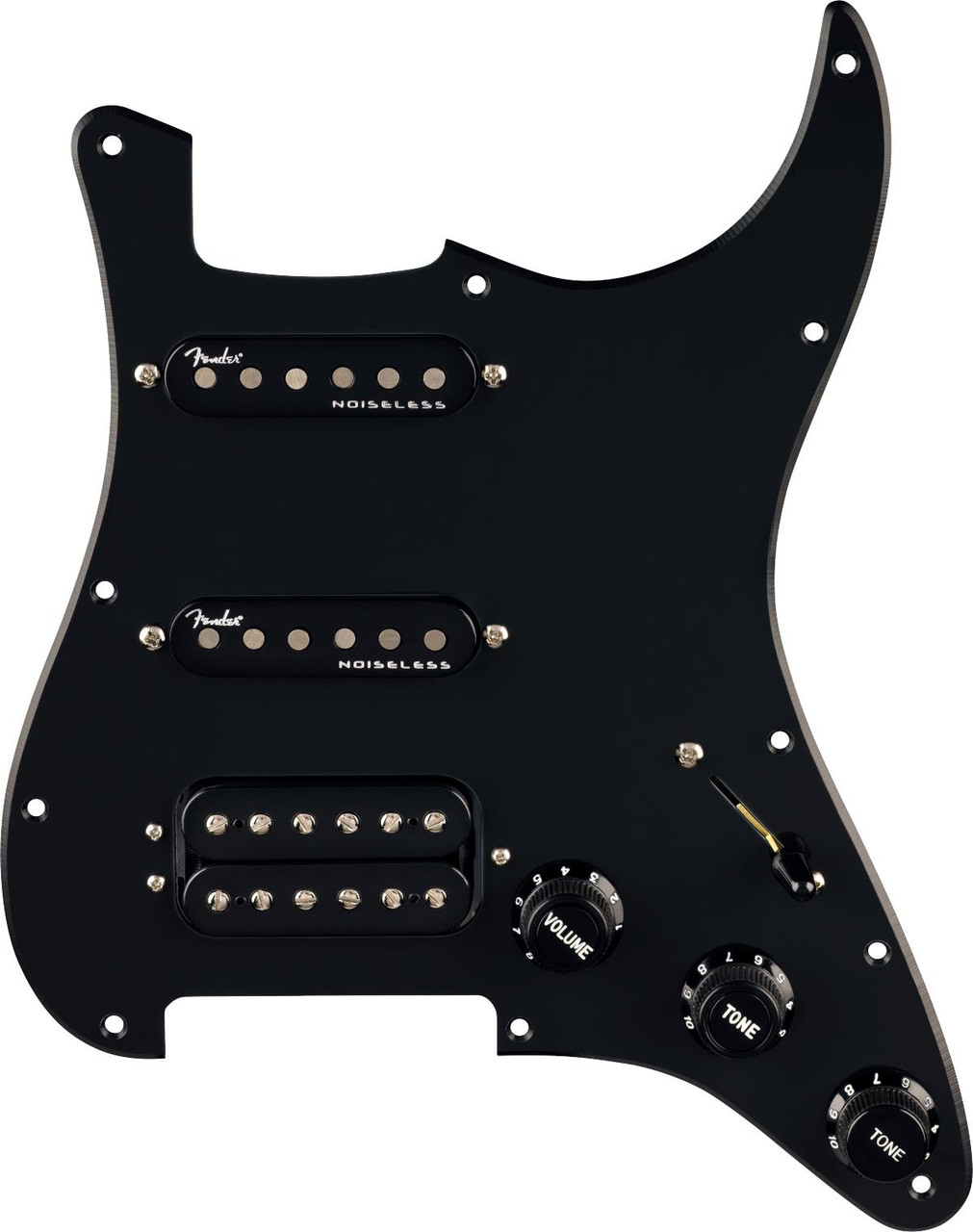Fender Pre-Wired Strat Pickguard Quadra Tap-Ultra Noiseless HSS Black 11 Hole PG Fender Pre-Wired Strat Pickguard Quadra Tap-Ultra Noiseless HSS Black 11 Hole PG