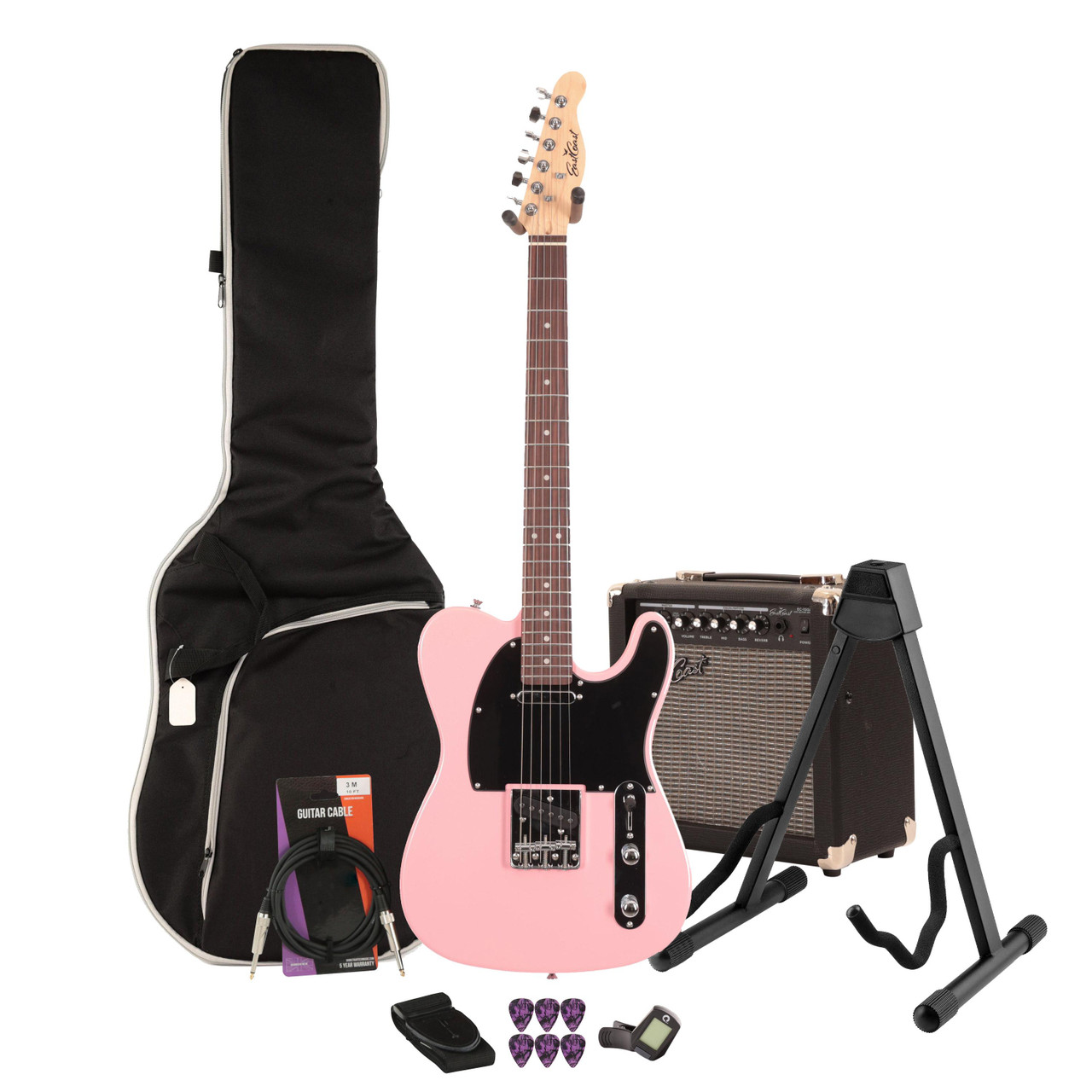 EastCoast T1 Electric Guitar Starter Pack in Bubblegum Metallic with 15W Amp & Accessories EastCoast T1 Electric Guitar Starter Pack in Bubblegum Metallic with 15W Amp & Accessories