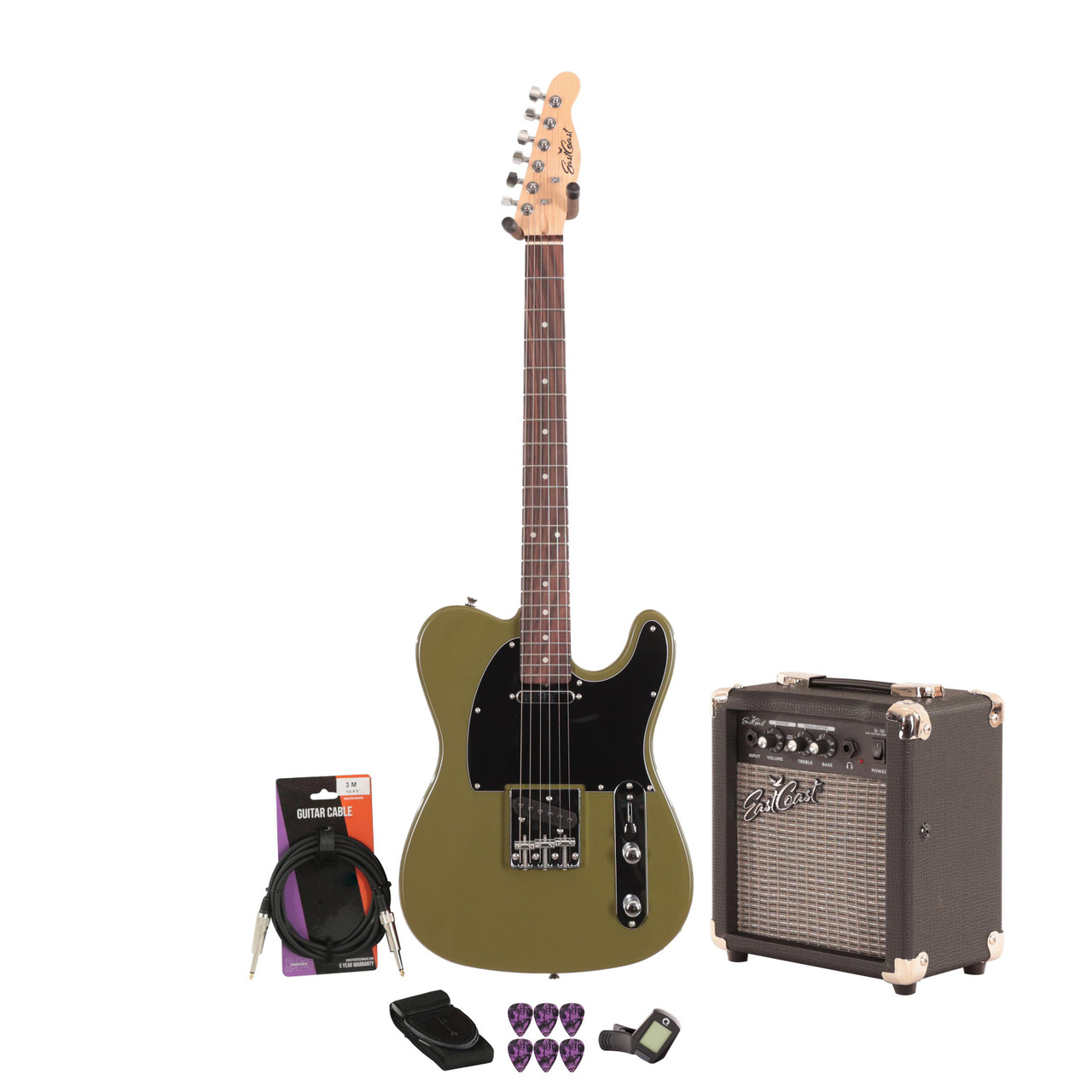 EastCoast T1 Electric Guitar Starter Pack in Drab Olive Green with 10W Amp & Accessories EastCoast T1 Electric Guitar Starter Pack in Drab Olive Green with 10W Amp & Accessories