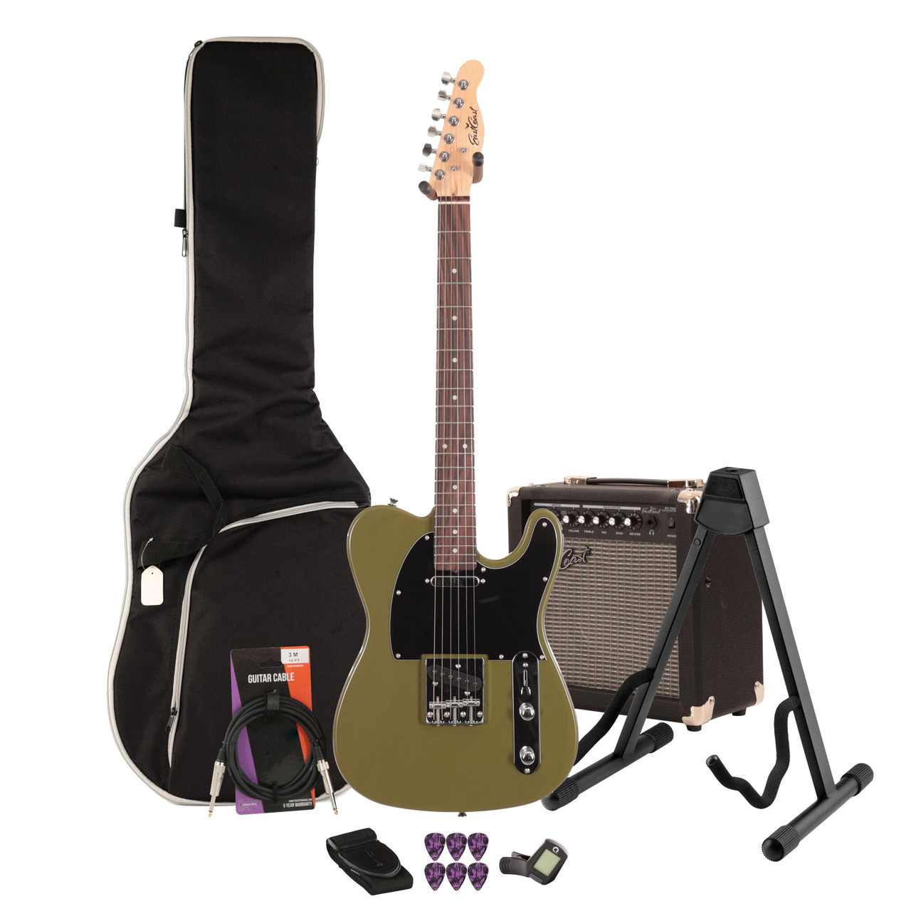 EastCoast T1 Electric Guitar Starter Pack in Drab Olive Green with 15W Amp & Accessories EastCoast T1 Electric Guitar Starter Pack in Drab Olive Green with 15W Amp & Accessories