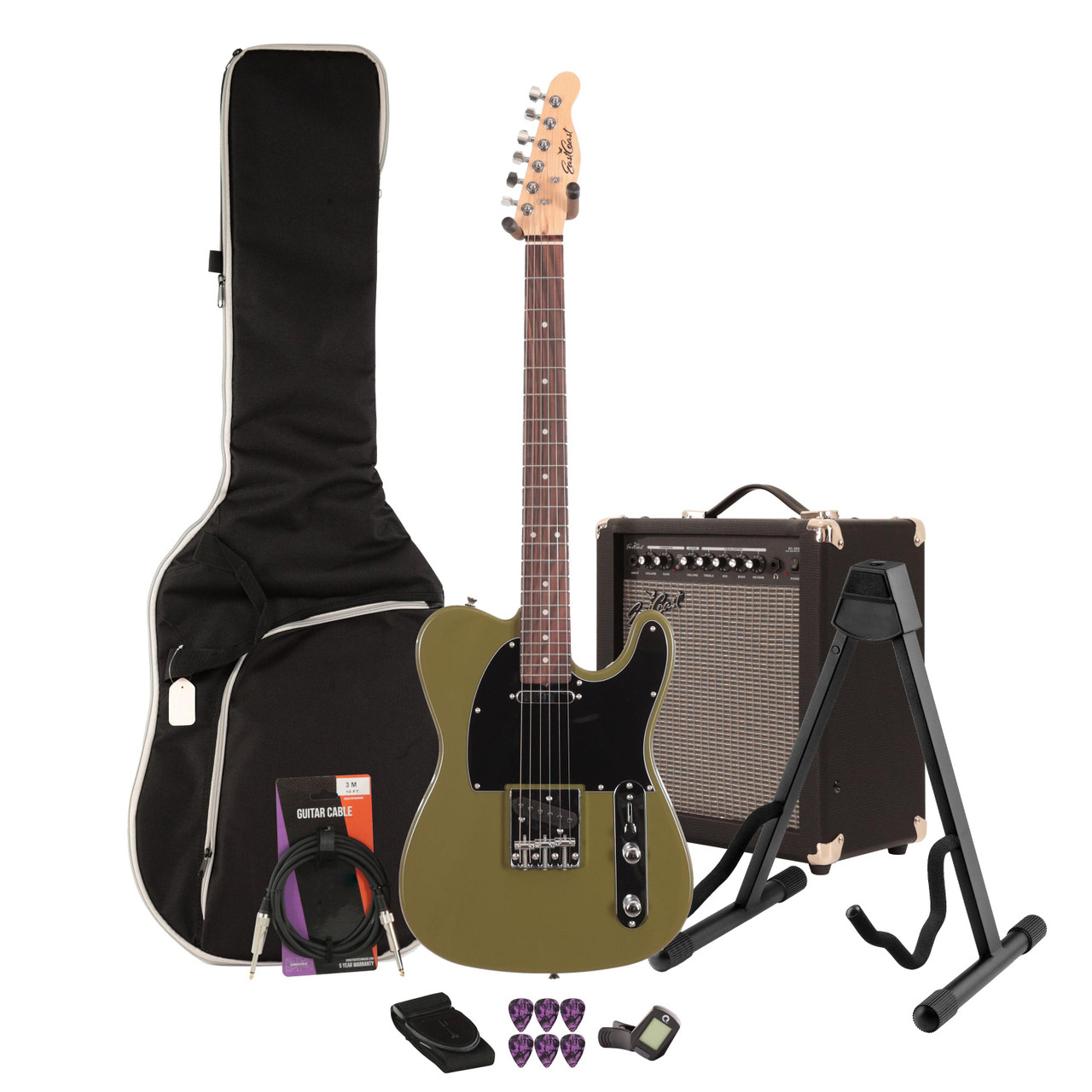 EastCoast T1 Electric Guitar Starter Pack in Drab Olive Green with 35W Amp & Accessories EastCoast T1 Electric Guitar Starter Pack in Drab Olive Green with 35W Amp & Accessories