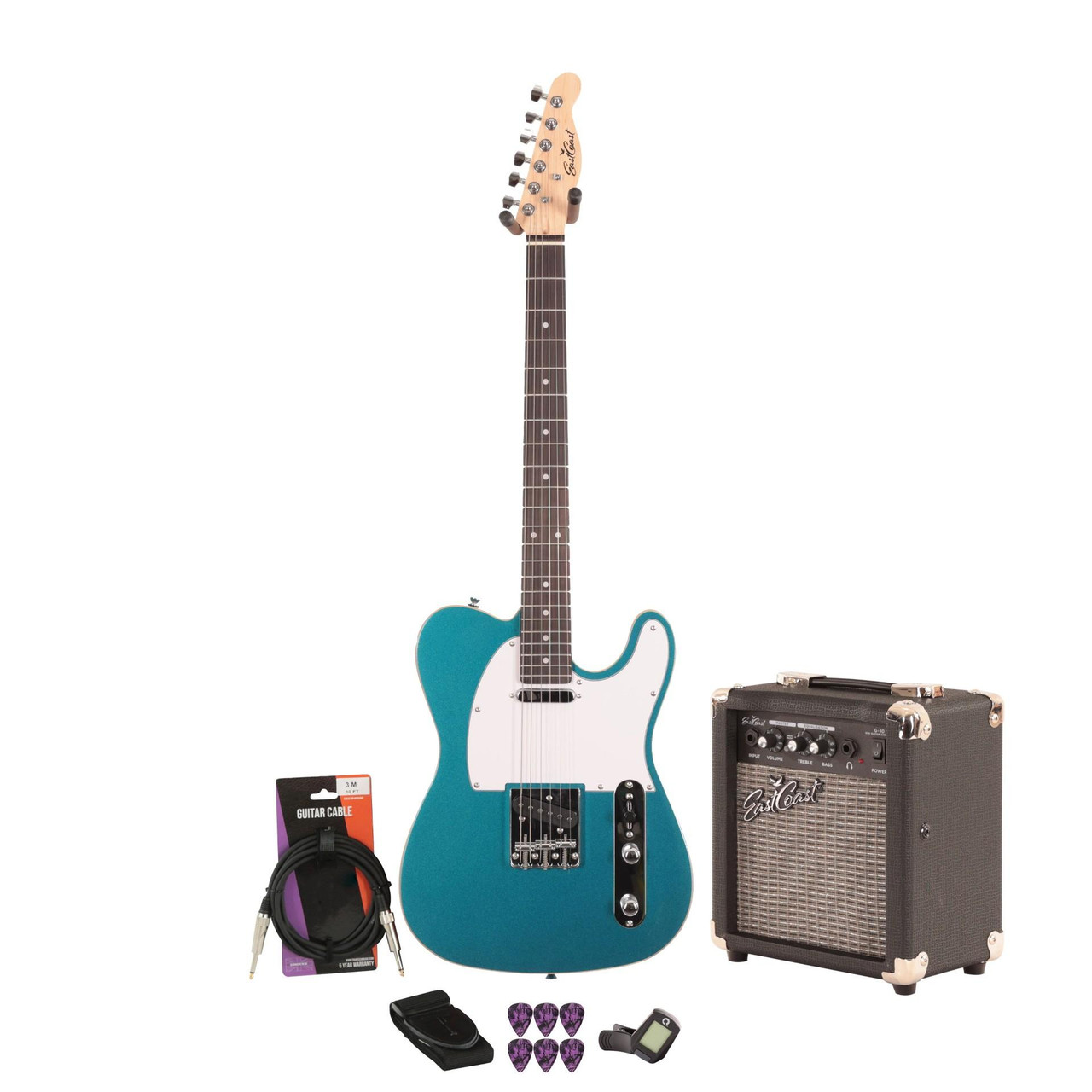 EastCoast T62 Electric Guitar Starter Pack in Lake Placid Blue with 10w Amp & Accessories EastCoast T62 Electric Guitar Starter Pack in Lake Placid Blue with 10w Amp & Accessories