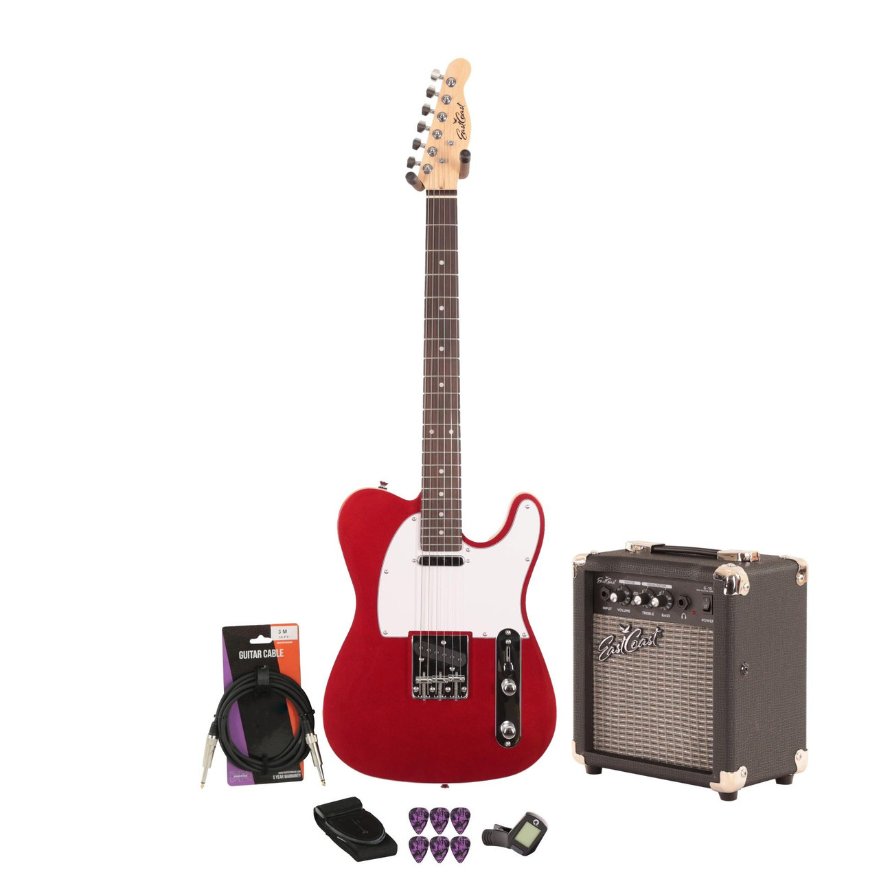 EastCoast T62 Electric Guitar Starter Pack in Candy Apple Red with 10w Amp & Accessories EastCoast T62 Electric Guitar Starter Pack in Candy Apple Red with 10w Amp & Accessories