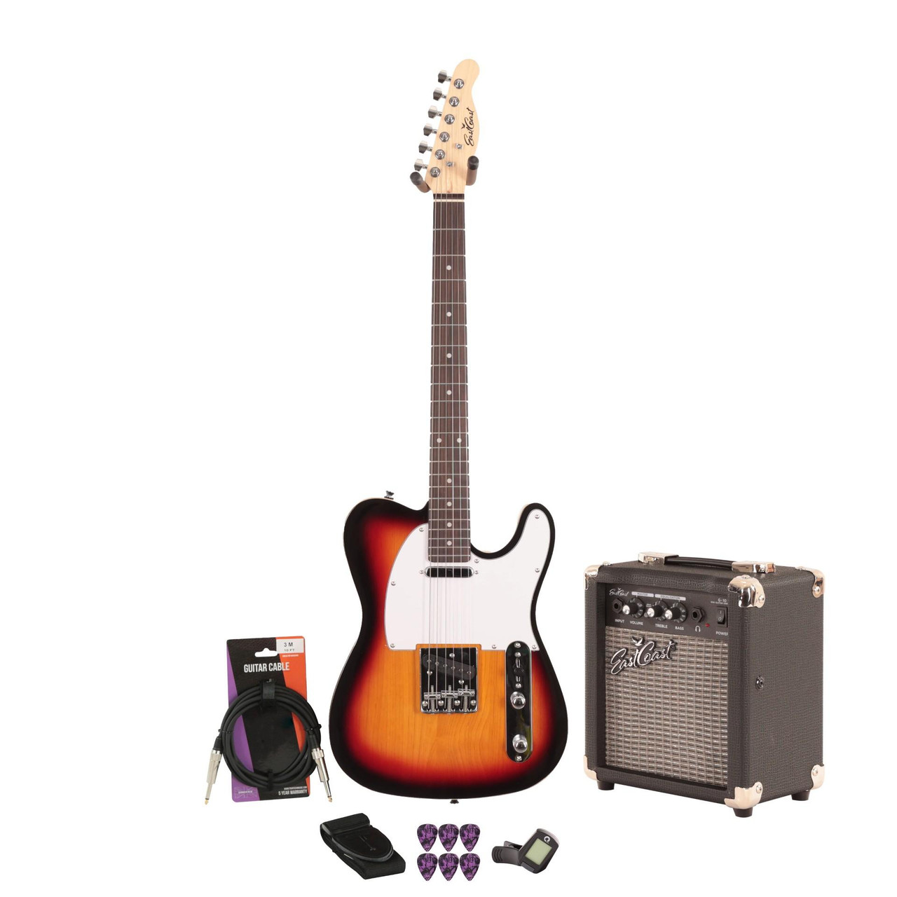EastCoast T62 Electric Guitar Starter Pack in 3 Tone Sunburst with 10w Amp & Accessories EastCoast T62 Electric Guitar Starter Pack in 3 Tone Sunburst with 10w Amp & Accessories