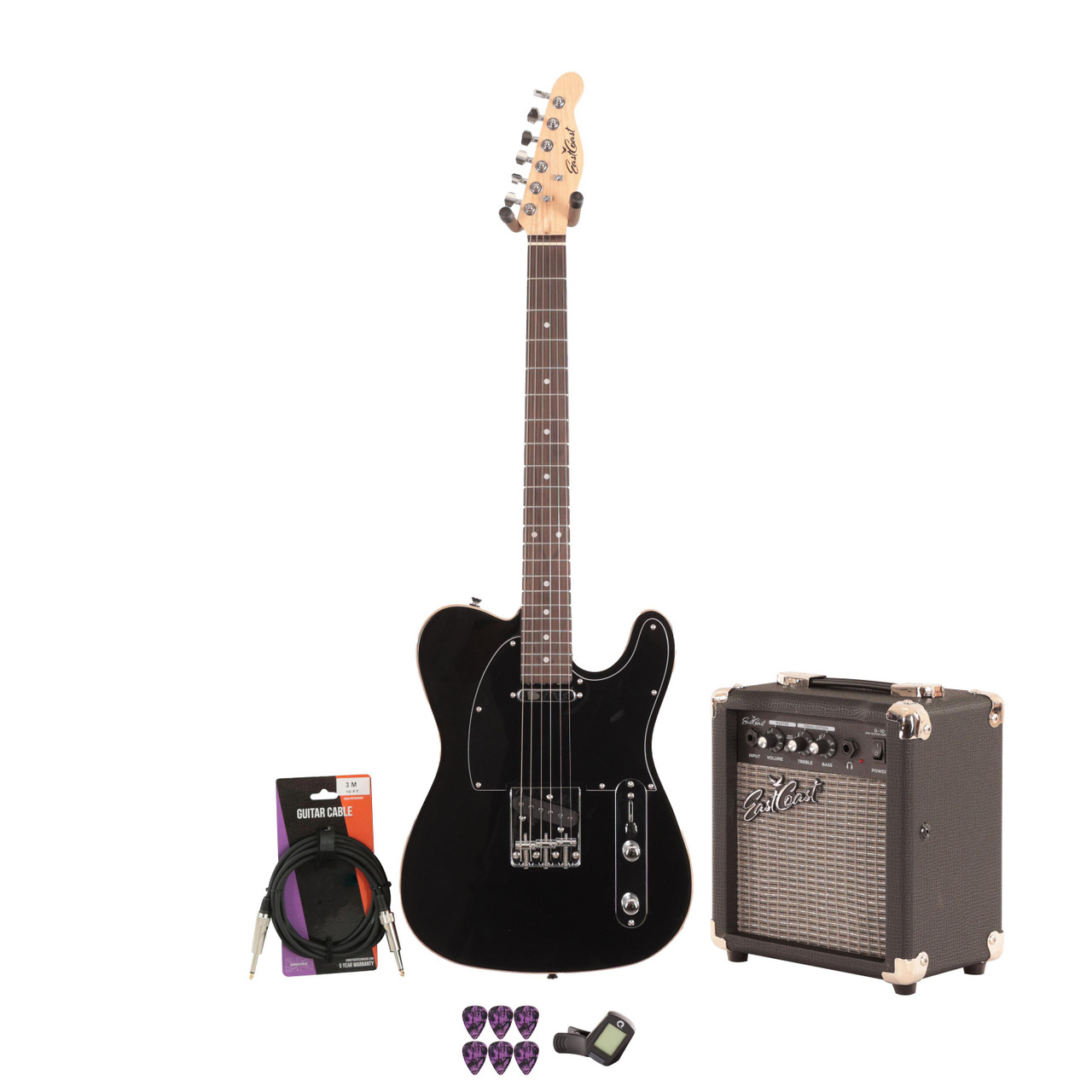 EastCoast T62 Electric Guitar Starter Pack in Black with 10W Amp & Accessories EastCoast T62 Electric Guitar Starter Pack in Black with 10W Amp & Accessories