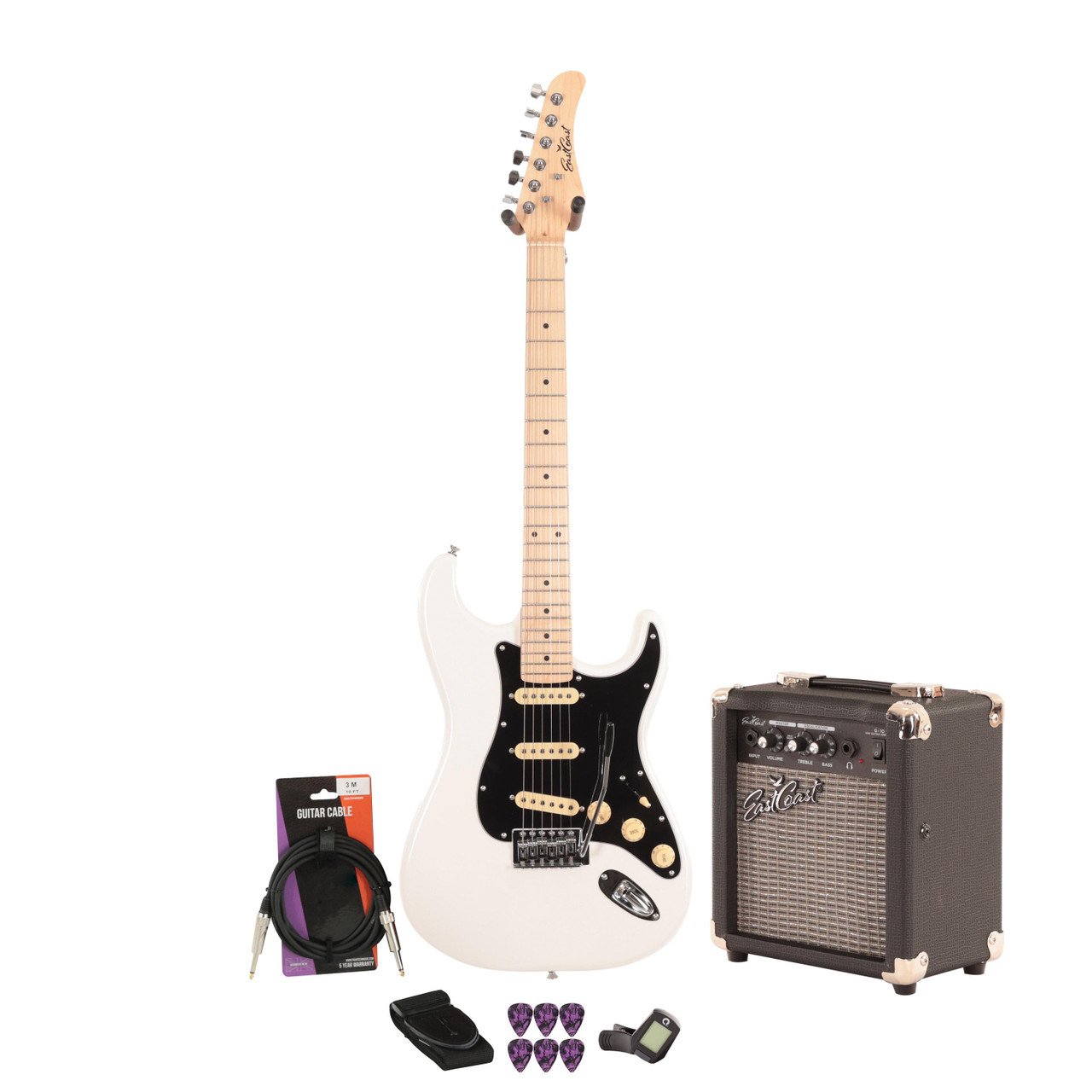 EastCoast ST1 Electric Guitar Starter Pack in Pearl White with 10W Amp & Accessories EastCoast ST1 Electric Guitar Starter Pack in Pearl White with 10W Amp & Accessories