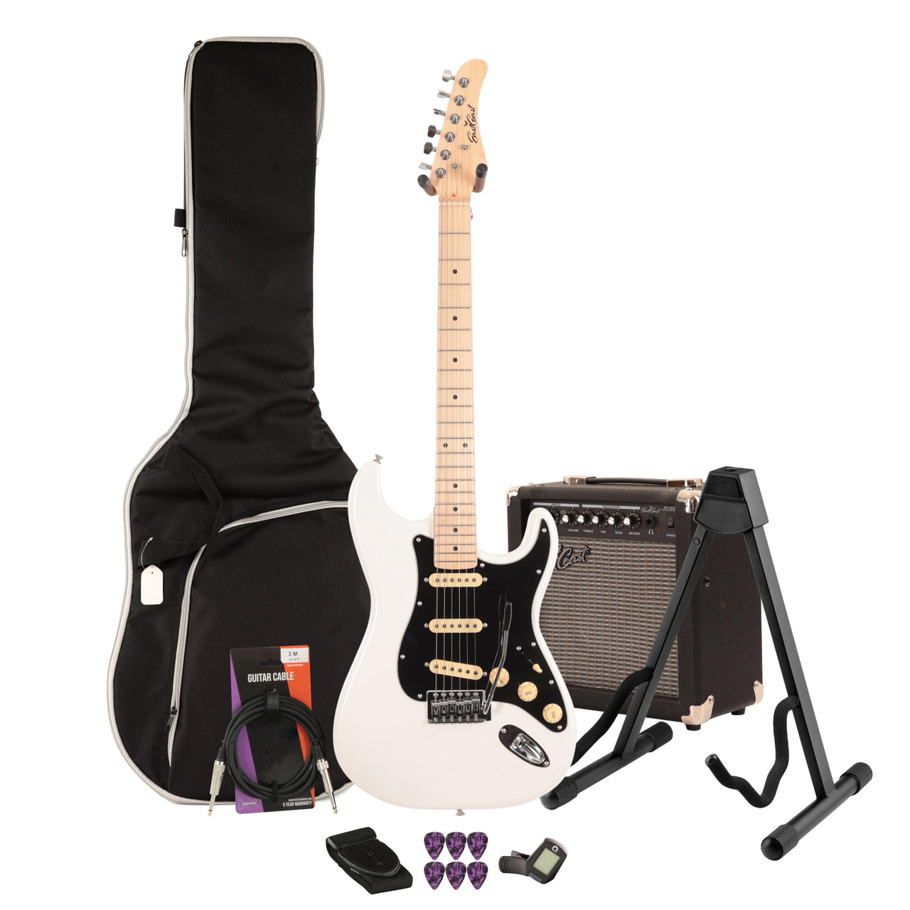 EastCoast ST1 Electric Guitar Starter Pack in Pearl White with 15W Amp & Accessories EastCoast ST1 Electric Guitar Starter Pack in Pearl White with 15W Amp & Accessories