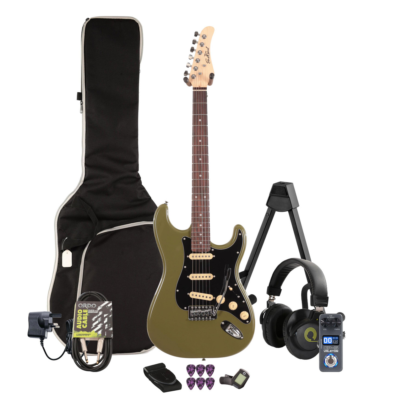 EastCoast ST1 Electric Guitar in Drab Olive Green Multi-FX & Modelling Bundle with Accessories