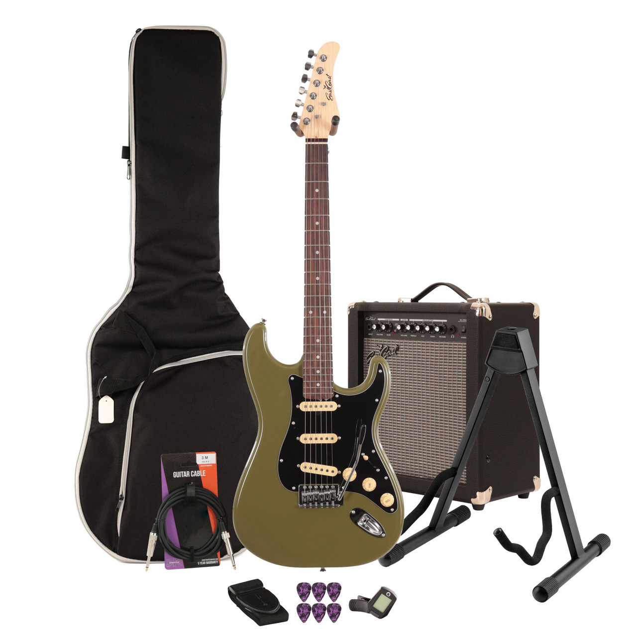 EastCoast ST1 Electric Guitar Starter Pack in Drab Olive Green with 35W Amp & Accessories EastCoast ST1 Electric Guitar Starter Pack in Drab Olive Green with 35W Amp & Accessories