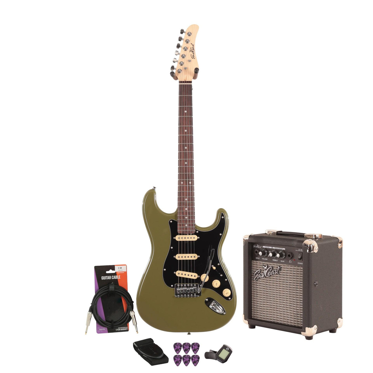 EastCoast ST1 Electric Guitar Starter Pack in Drab Olive Green with 10W Amp & Accessories EastCoast ST1 Electric Guitar Starter Pack in Drab Olive Green with 10W Amp & Accessories