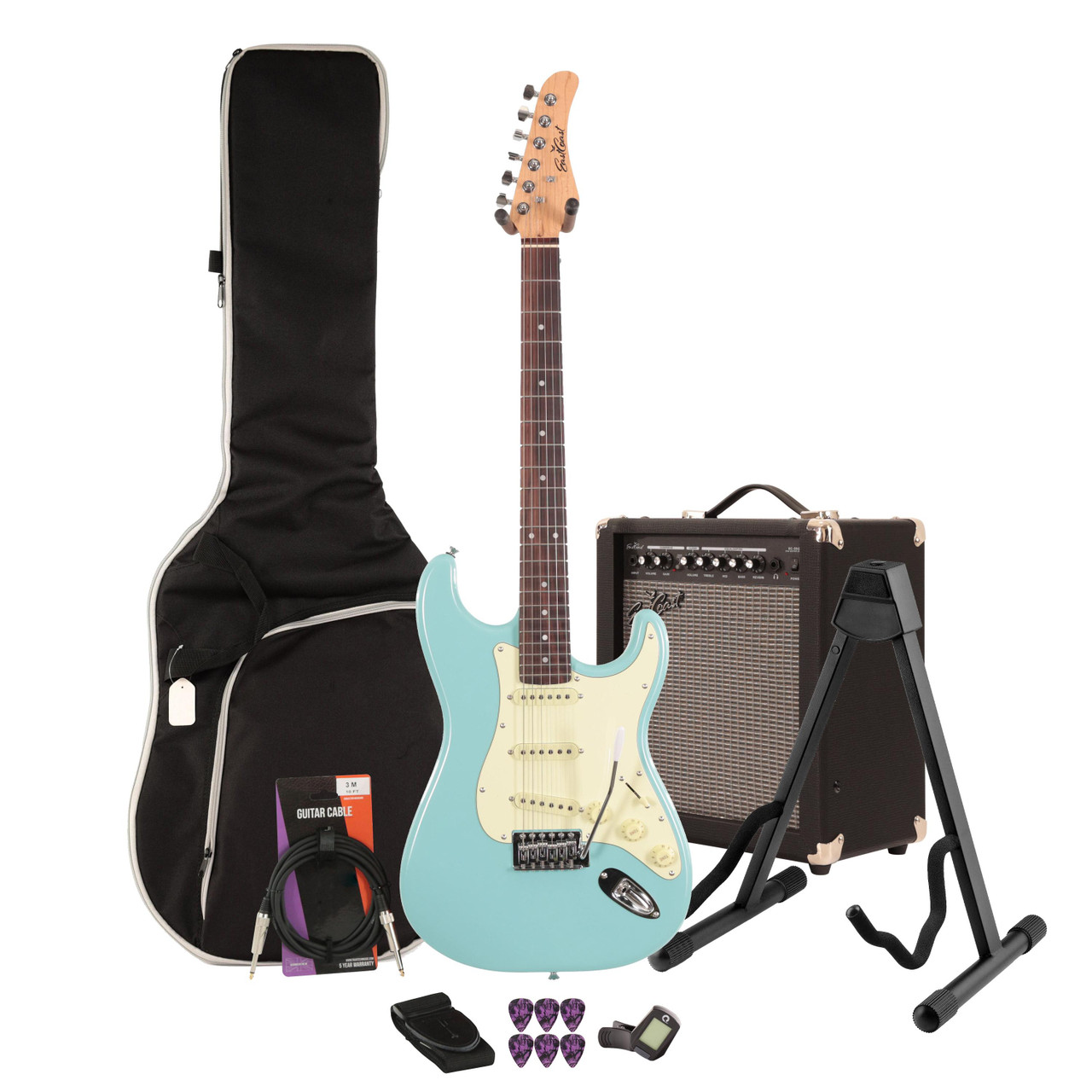 EastCoast ST1 Electric Guitar Starter Pack in Daphne Blue with 35W Amp & Accessories EastCoast ST1 Electric Guitar Starter Pack in Daphne Blue with 35W Amp & Accessories