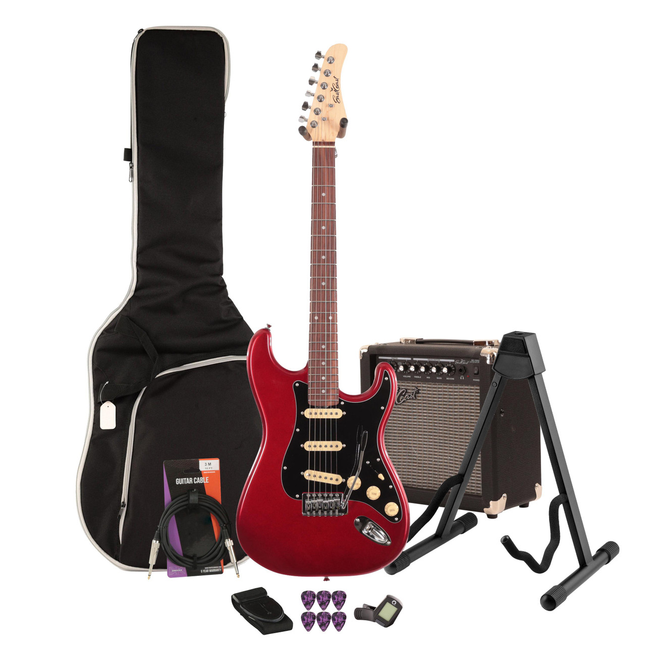 EastCoast ST1 Electric Guitar Starter Pack in Bordeaux Metallic with 15w Amp & Accessories EastCoast ST1 Electric Guitar Starter Pack in Bordeaux Metallic with 15w Amp & Accessories