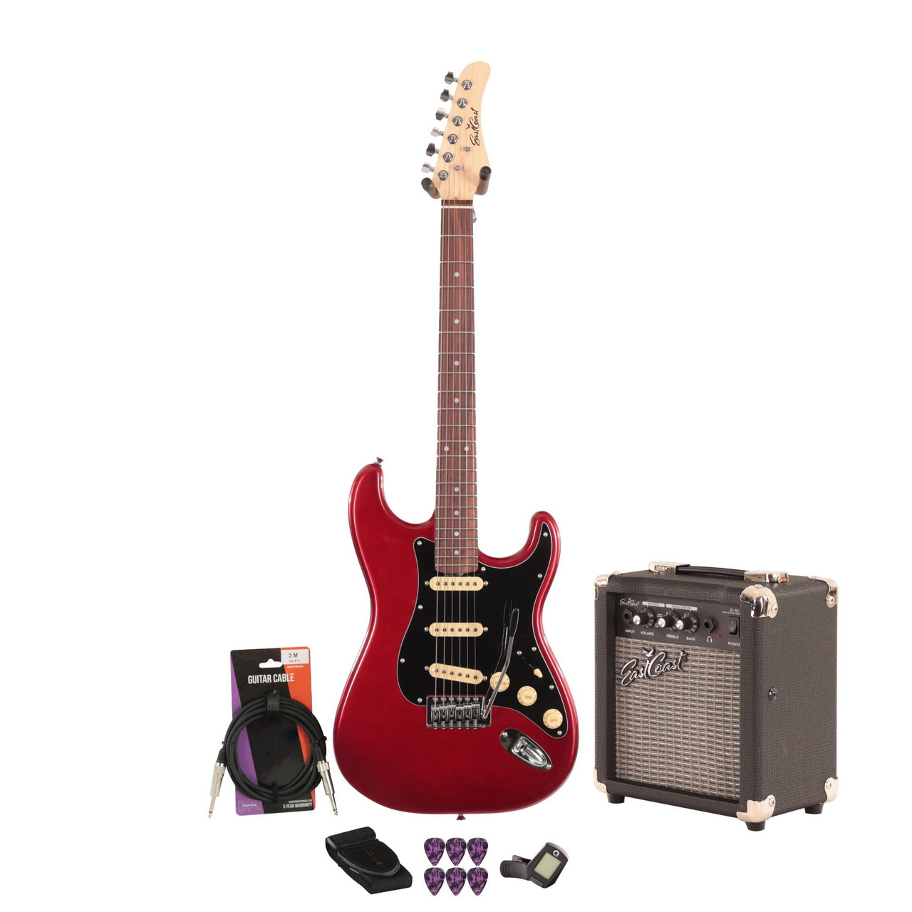 EastCoast ST1 Electric Guitar Starter Pack in Bordeaux Metallic with 10w Amp & Accessories EastCoast ST1 Electric Guitar Starter Pack in Bordeaux Metallic with 10w Amp & Accessories
