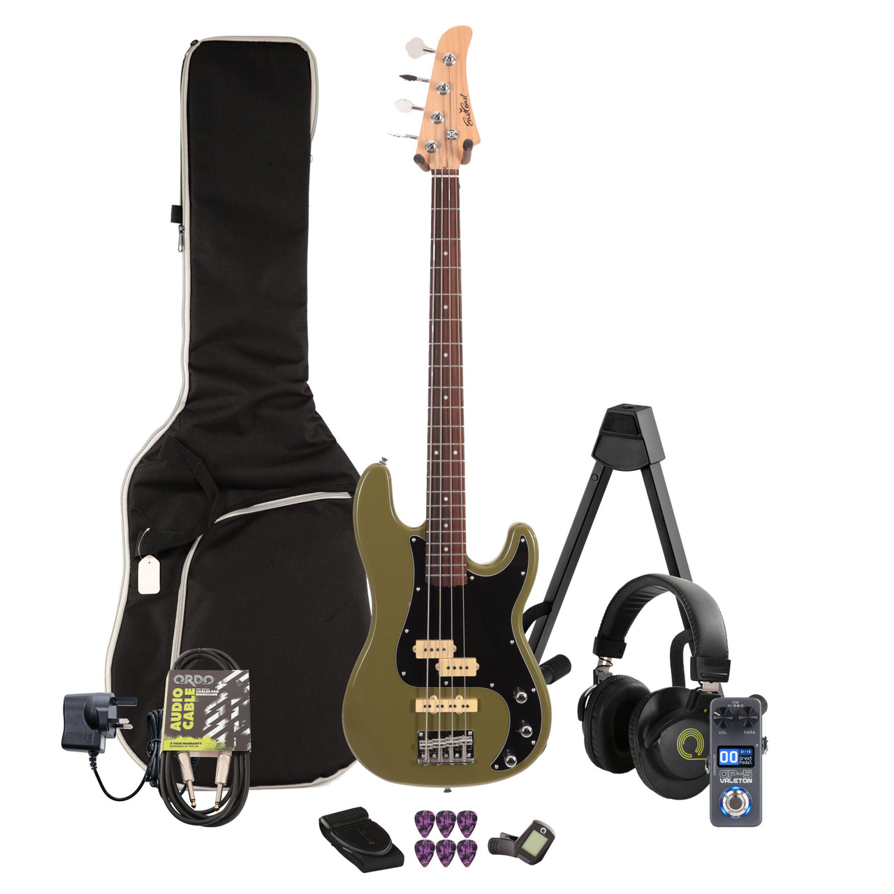 EastCoast PJ4 Bass Guitar in Drab Olive Green Multi-FX & Modelling Bundle with Accessories