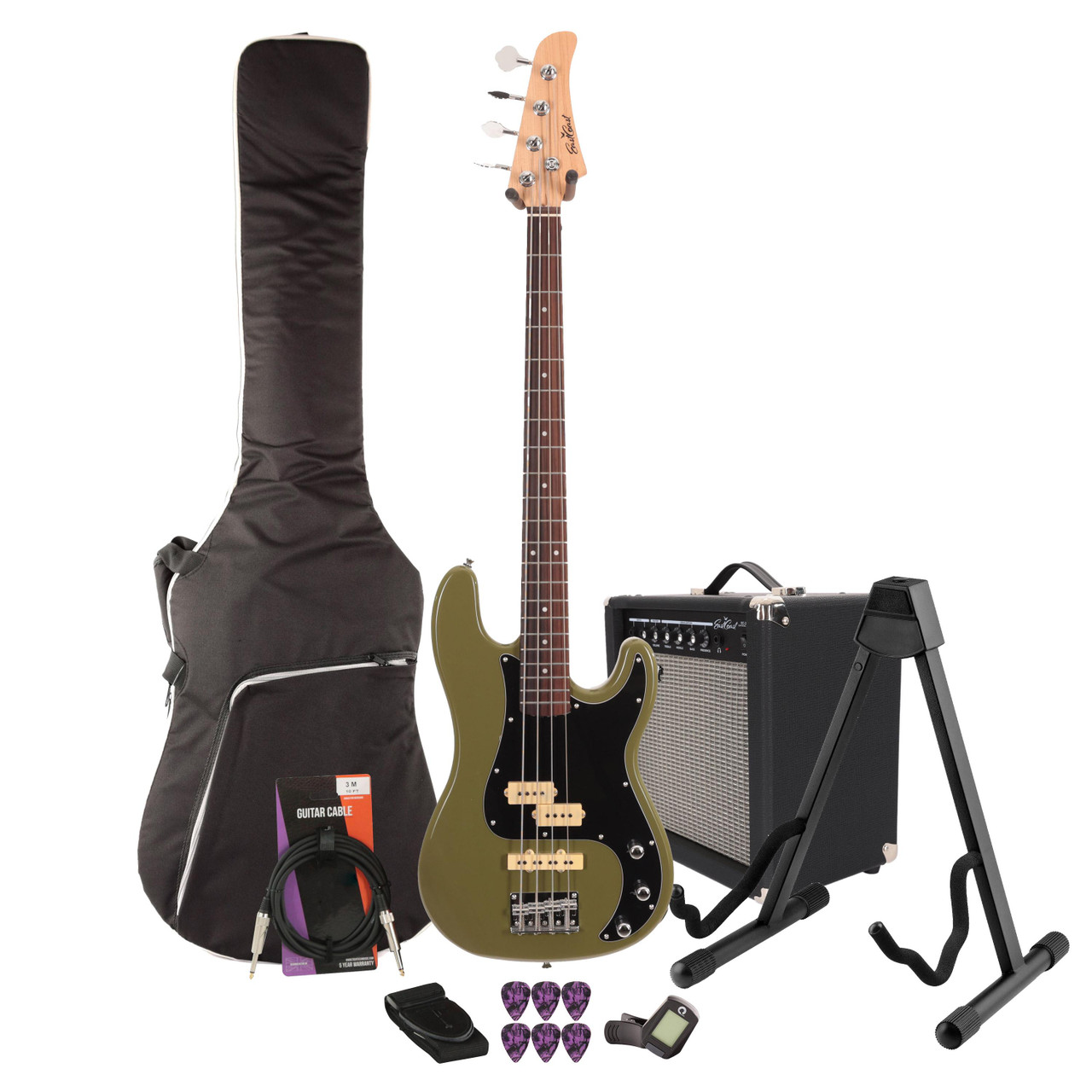 EastCoast PJ4 Bass Guitar Starter Pack in Drab Olive Green with 25w Amp & Accessories EastCoast PJ4 Bass Guitar Starter Pack in Drab Olive Green with 25w Amp & Accessories