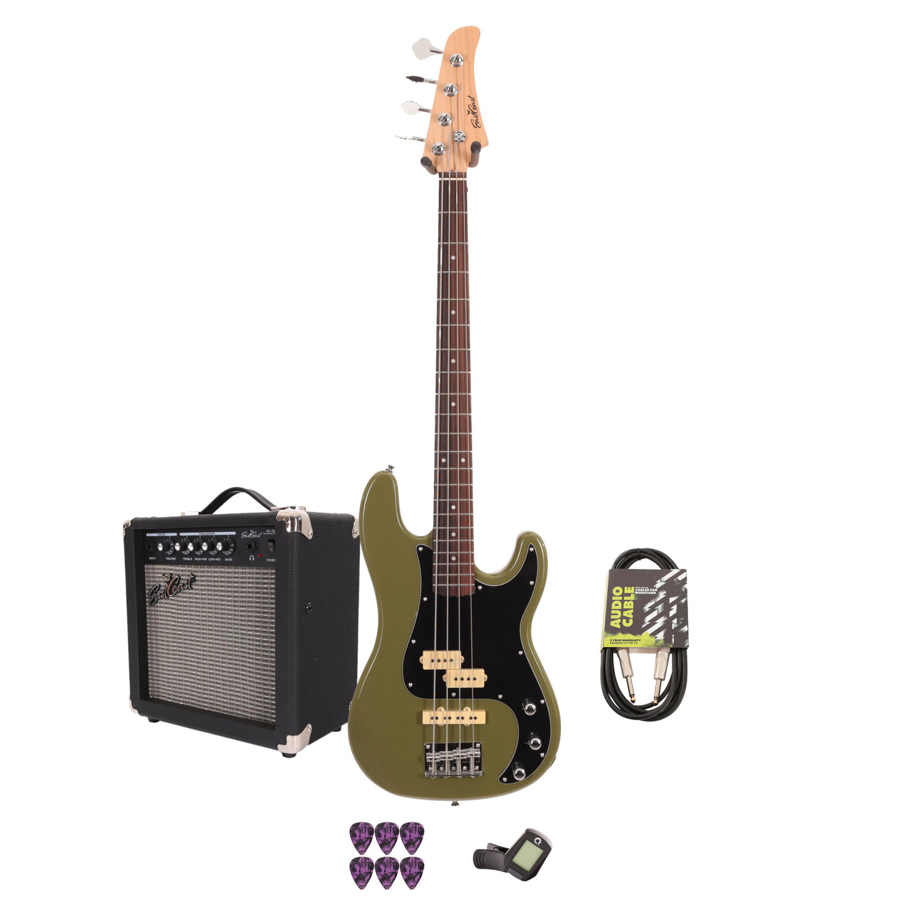 EastCoast PJ4 Bass Guitar Starter Pack in Drab Olive Green with 15w Amp & Accessories EastCoast PJ4 Bass Guitar Starter Pack in Drab Olive Green with 15w Amp & Accessories