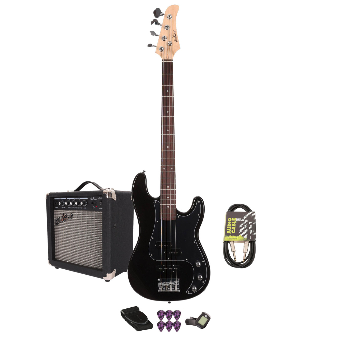 EastCoast PJ4 Bass Guitar Starter Pack in Black with 15W Amp & Accessories EastCoast PJ4 Bass Guitar Starter Pack in Black with 15W Amp & Accessories