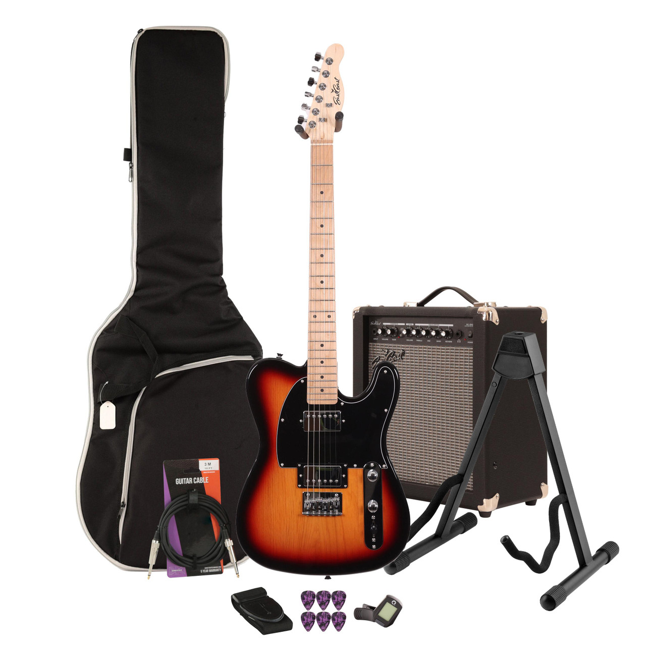 EastCoast T2 Dual Humbucker Electric Guitar Starter Pack in Three Tone Sunburst with 35W Amp & Accessories EastCoast T2 Dual Humbucker Electric Guitar Starter Pack in Three Tone Sunburst with 35W Amp & Accessories