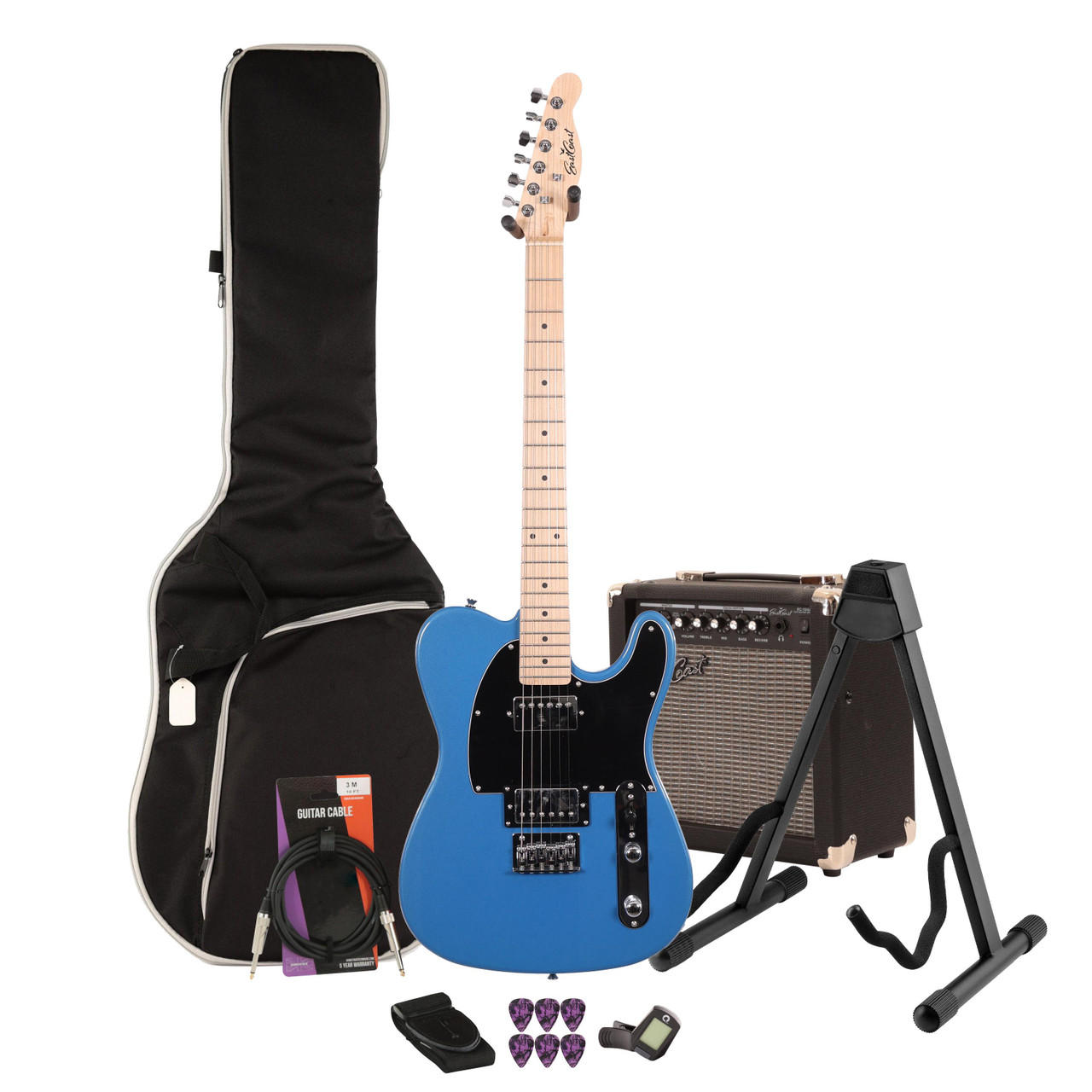 EastCoast T2 Dual Humbucker Electric Guitar Starter Pack in Ocean Blue Metallic with 15W Amp & Accessories EastCoast T2 Dual Humbucker Electric Guitar Starter Pack in Ocean Blue Metallic with 15W Amp & Accessories