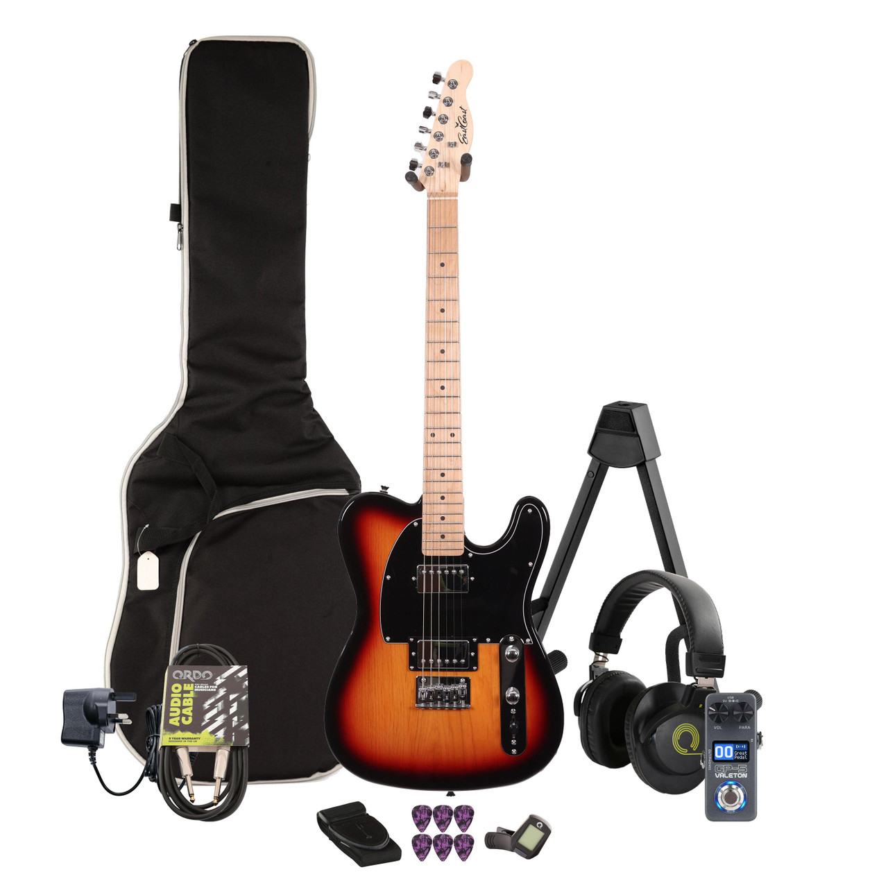 EastCoast T2 Dual Humbucker Electric Guitar in Three Tone Sunburst Multi-FX & Modelling Bundle with Accessories
