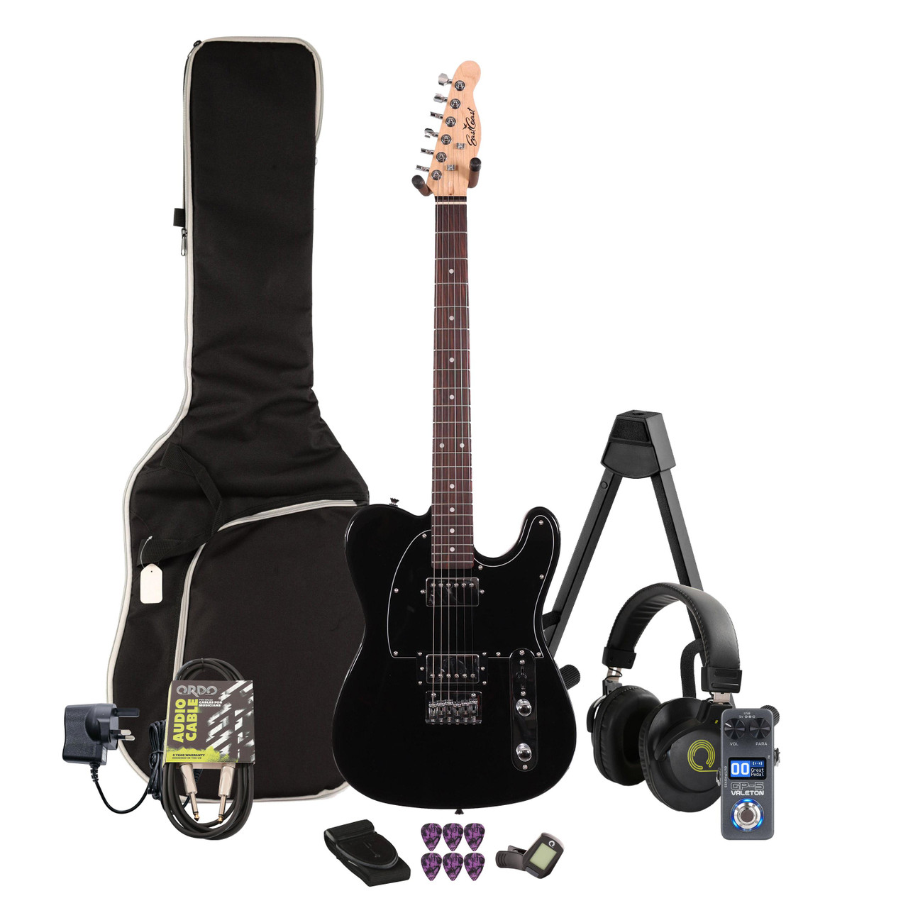 EastCoast T2 Dual Humbucker Electric Guitar in Black Multi-FX & Modelling Bundle with Accessories