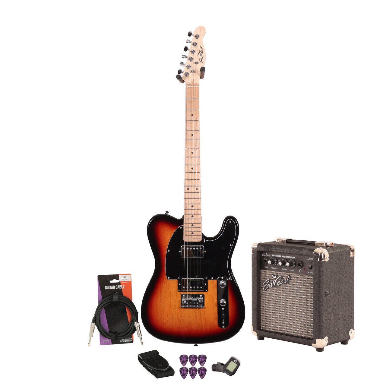 EastCoast T2 Dual Humbucker Electric Guitar Starter Pack in Three Tone Sunburst with 10W Amp & Accessories EastCoast T2 Dual Humbucker Electric Guitar Starter Pack in Three Tone Sunburst with 10W Amp & Accessories
