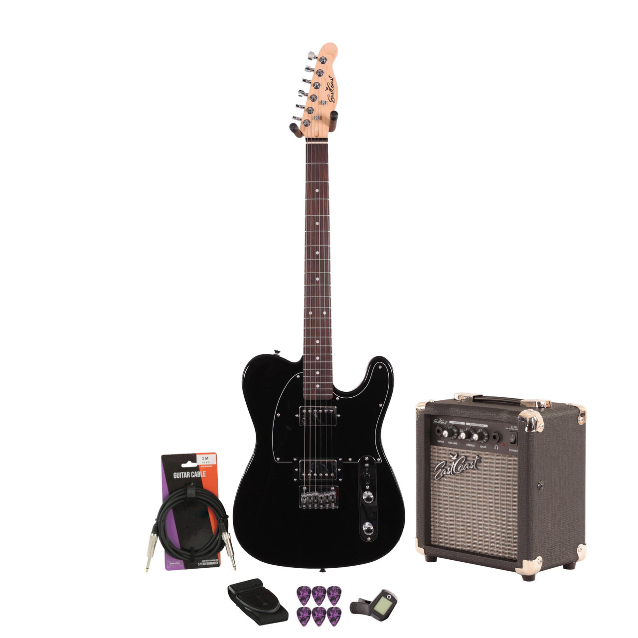 EastCoast T2 Dual Humbucker Electric Guitar Starter Pack in Black with 10W Amp & Accessories EastCoast T2 Dual Humbucker Electric Guitar Starter Pack in Black with 10W Amp & Accessories