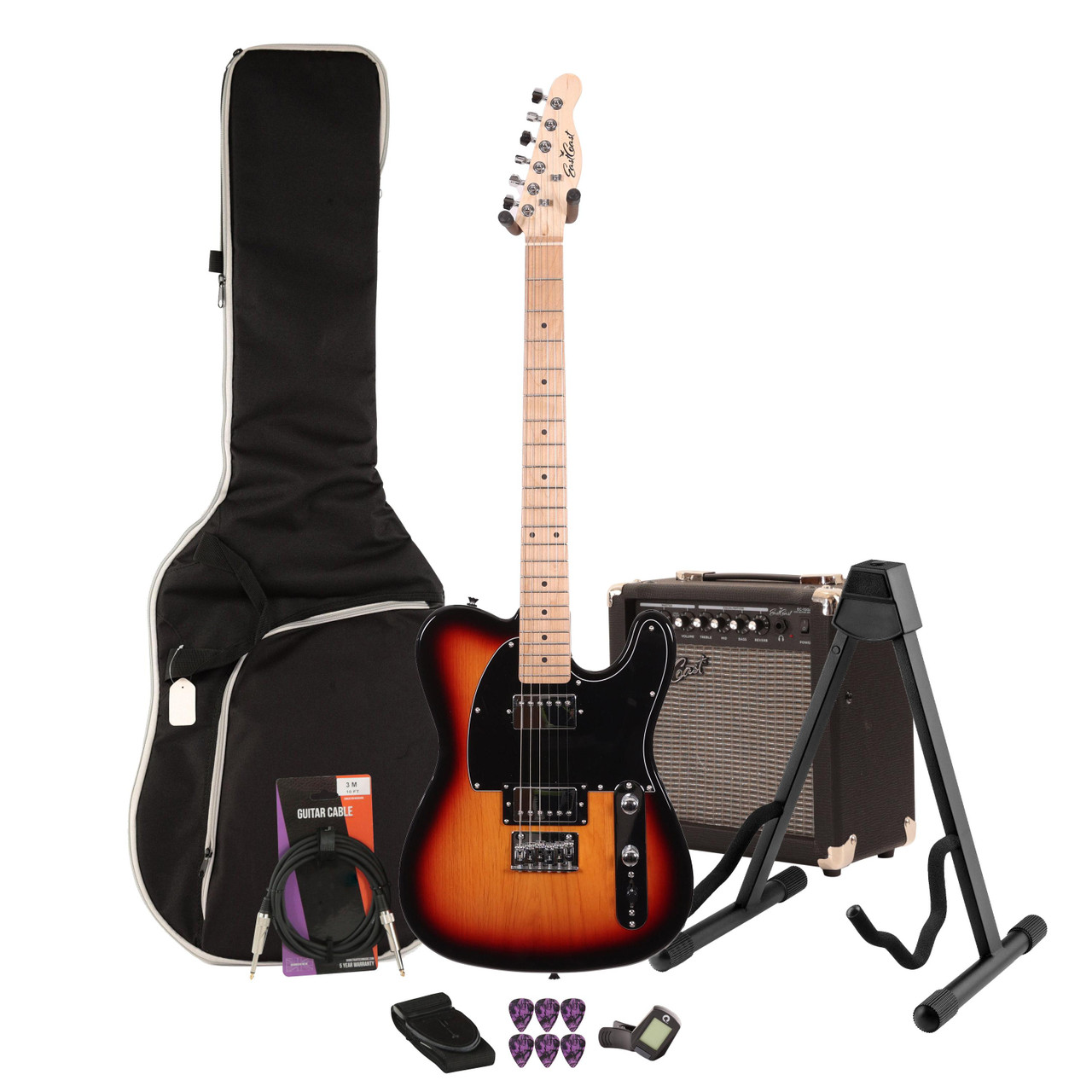 EastCoast T2 Dual Humbucker Electric Guitar Starter Pack in Three Tone Sunburst with 15W Amp & Accessories