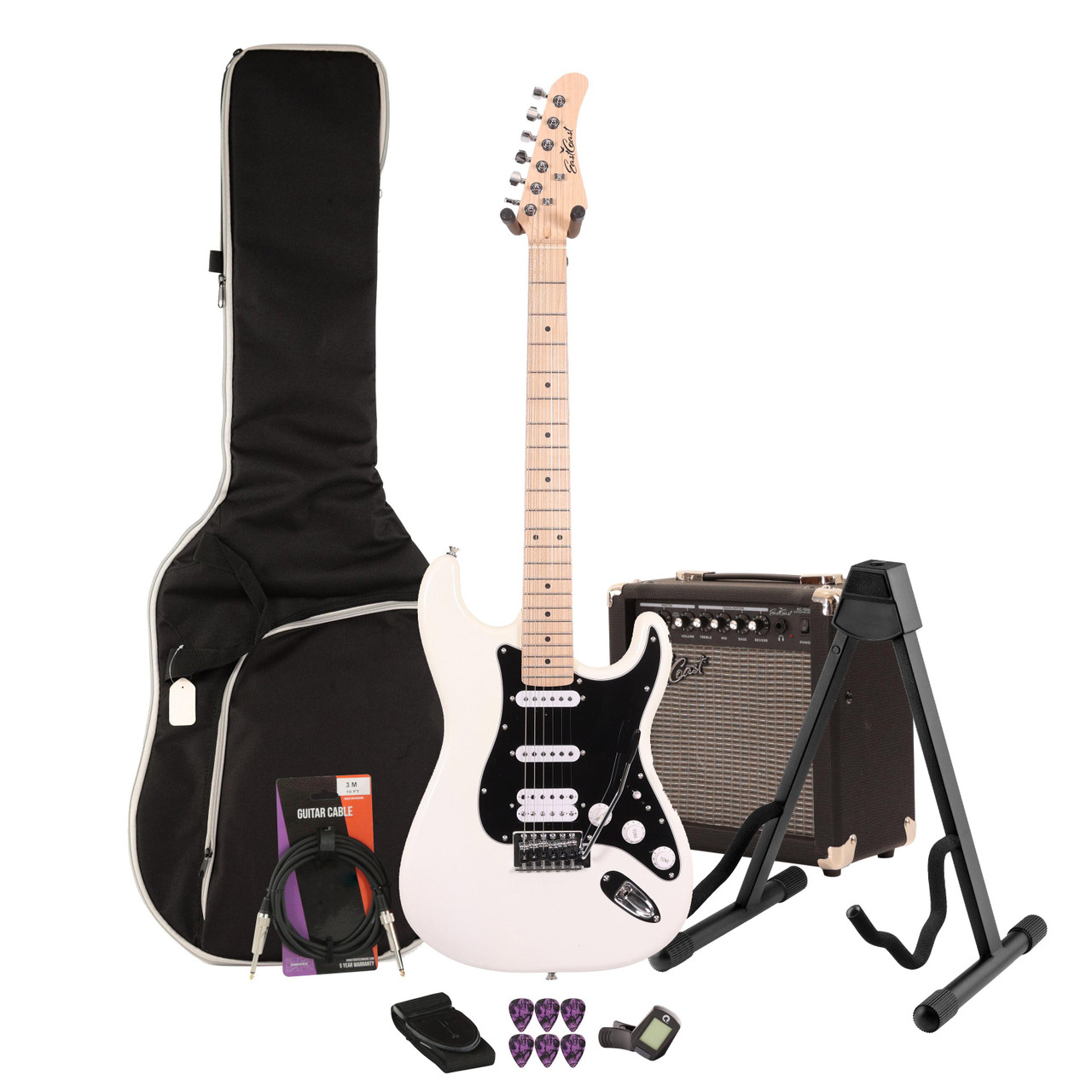 EastCoast ST2 Electric Guitar Starter Pack in Pearl White with 15W Amp & Accessories EastCoast ST2 Electric Guitar Starter Pack in Pearl White with 15W Amp & Accessories