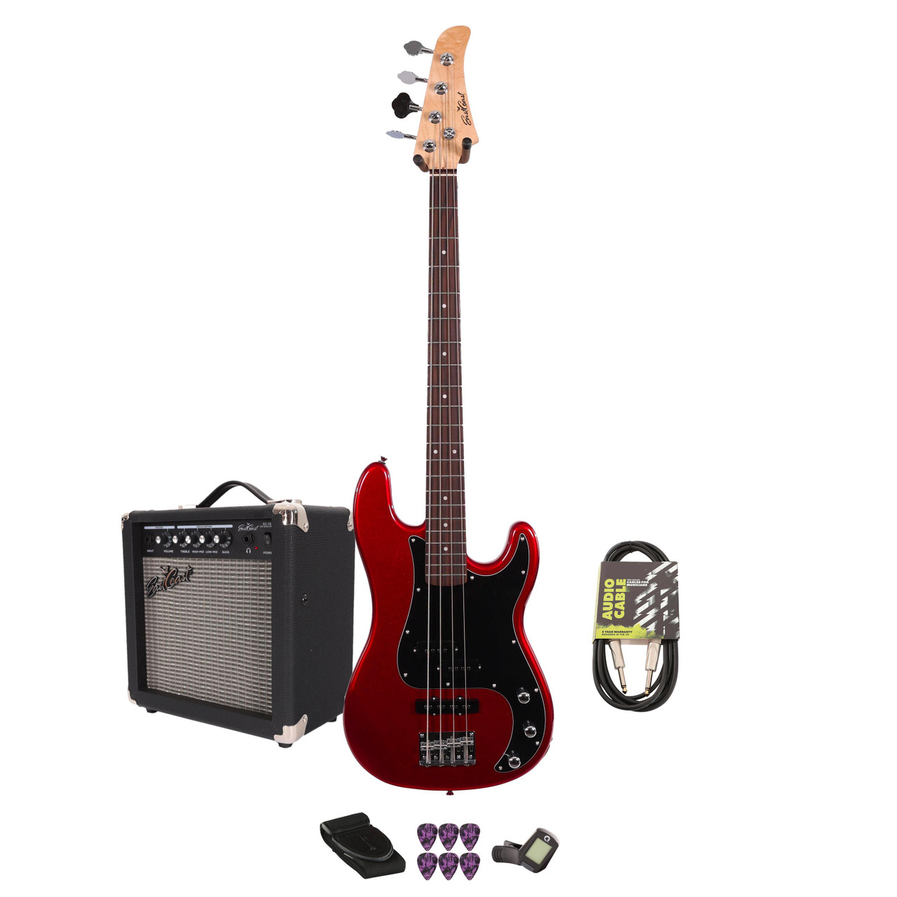 EastCoast PJ4 Bass Guitar Starter Pack in Candy Apple Red with 15W Amp & Accessories EastCoast PJ4 Bass Guitar Starter Pack in Candy Apple Red with 15W Amp & Accessories