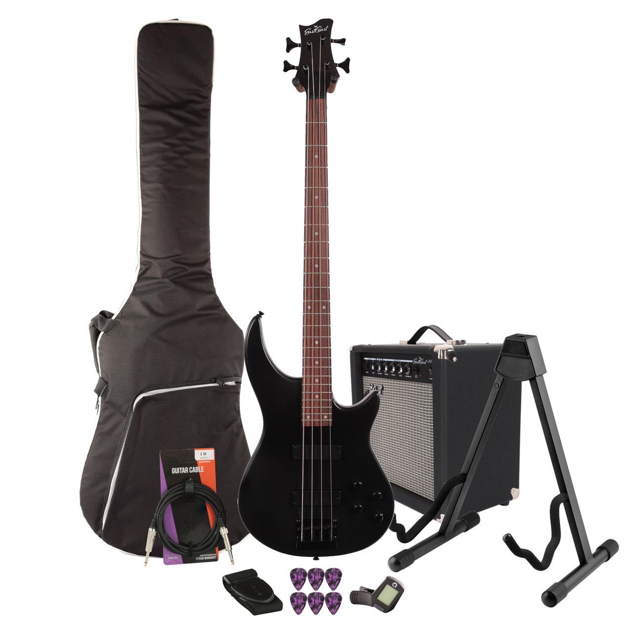 EastCoast MTB Bass Guitar Starter Pack in Satin Black with 25W Amp & Accessories EastCoast MTB Bass Guitar Starter Pack in Satin Black with 25W Amp & Accessories