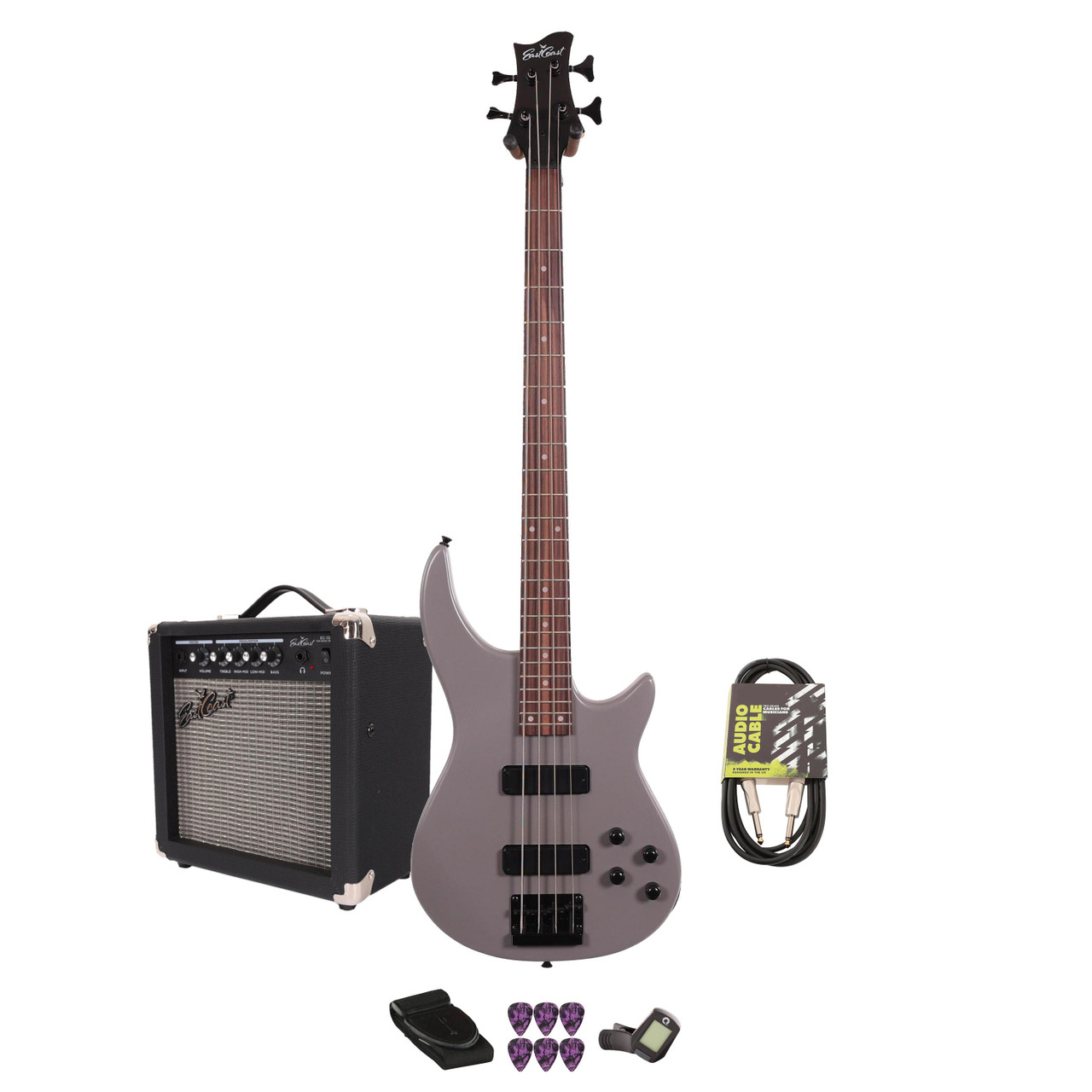 EastCoast MTB Bass Guitar Starter Pack in Satin Stone Grey with 15W Amp & Accessories EastCoast MTB Bass Guitar Starter Pack in Satin Stone Grey with 15W Amp & Accessories