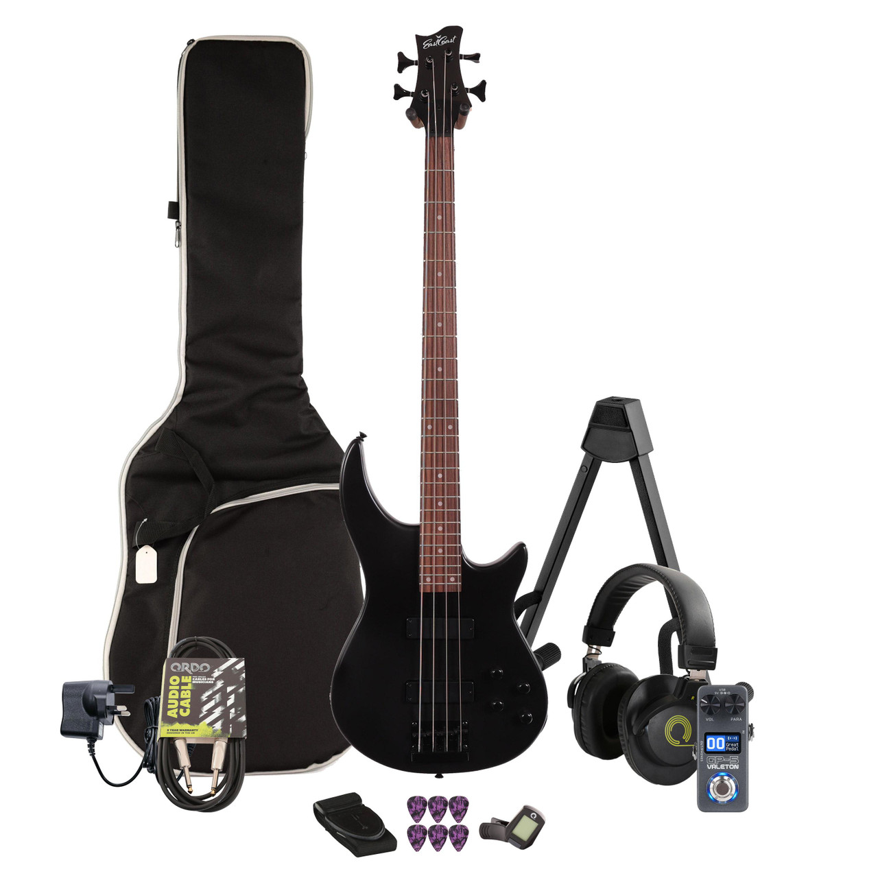 EastCoast MTB Bass Guitar in Satin Black Multi-FX & Modelling Bundle with Accessories