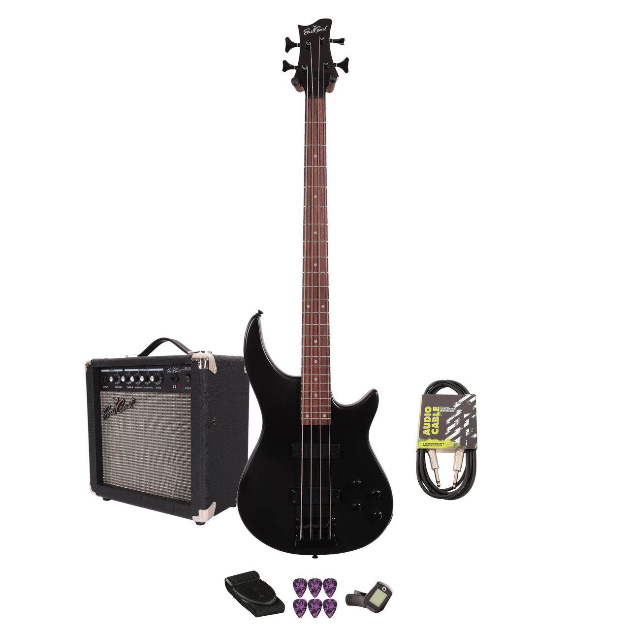 EastCoast MTB Bass Guitar Starter Pack in Satin Black with 15W Amp & Accessories EastCoast MTB Bass Guitar Starter Pack in Satin Black with 15W Amp & Accessories