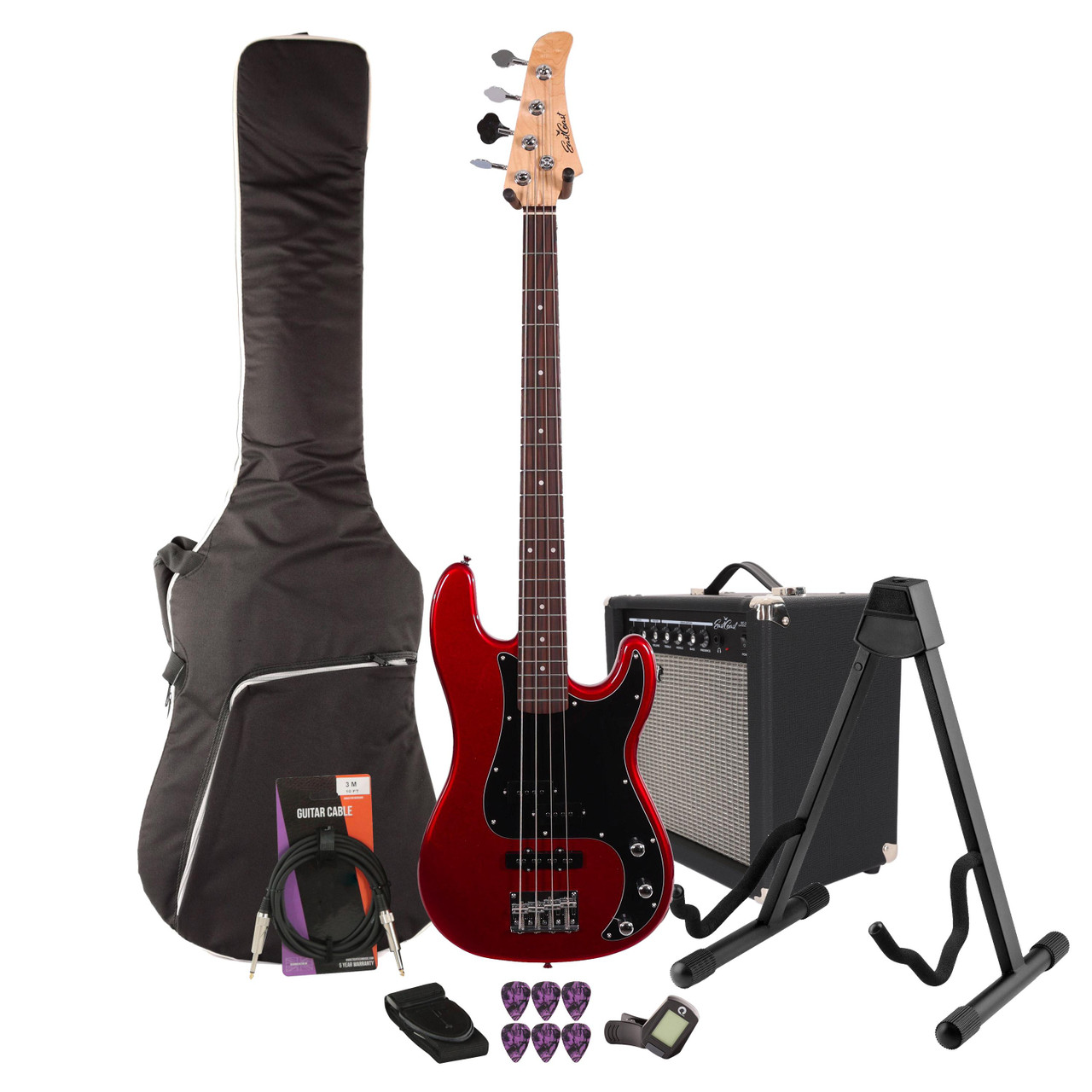 EastCoast PJ4 Bass Guitar Starter Pack in Candy Apple Red with 25W Amp & Accessories EastCoast PJ4 Bass Guitar Starter Pack in Candy Apple Red with 25W Amp & Accessories
