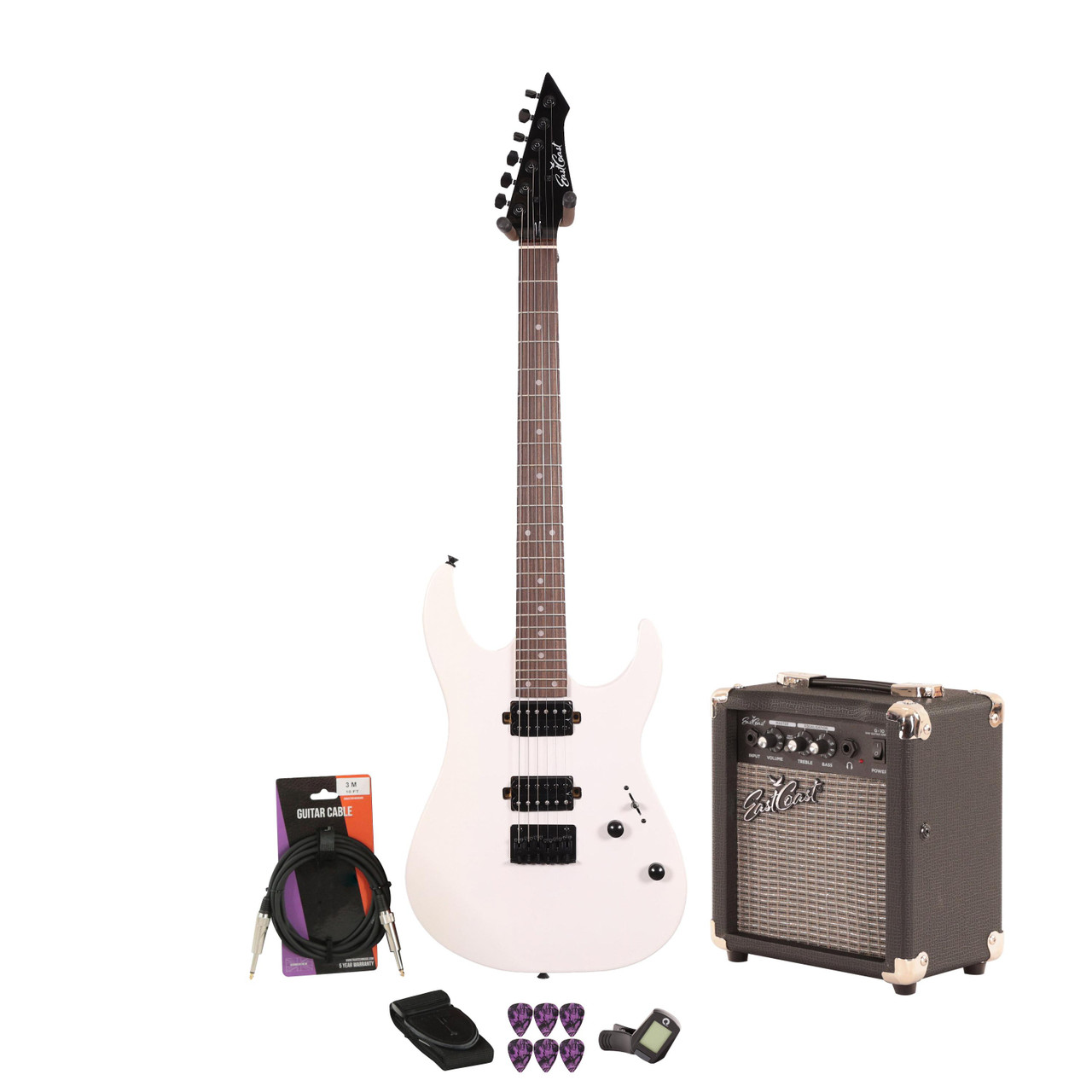 EastCoast MT1 Electric Guitar Starter Pack in Satin White with 10W Amp & Accessories EastCoast MT1 Electric Guitar Starter Pack in Satin White with 10W Amp & Accessories