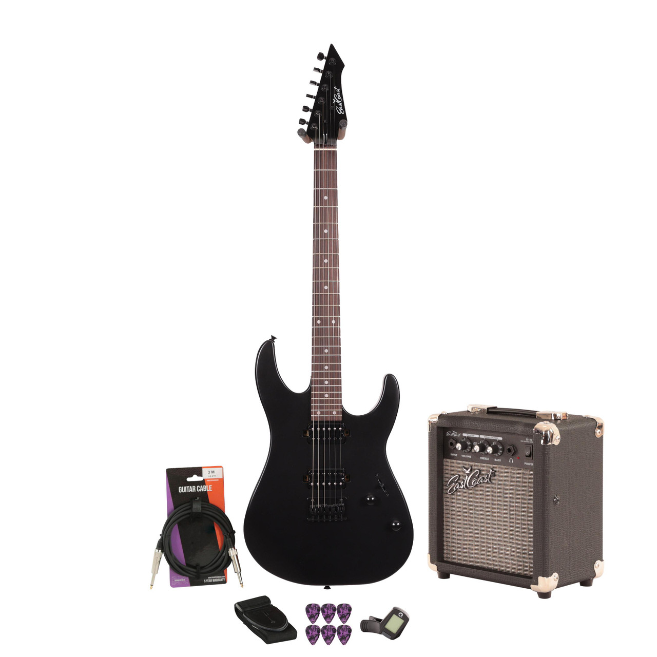 EastCoast MT1 Electric Guitar Starter Pack in Black with 10W Amp & Accessories EastCoast MT1 Electric Guitar Starter Pack in Black with 10W Amp & Accessories