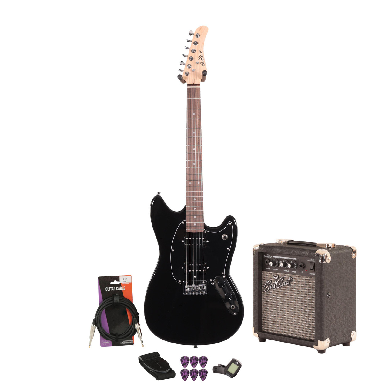 EastCoast MS1 Short Scale Electric Guitar Starter Pack in Black with 10W Amp & Accessories EastCoast MS1 Short Scale Electric Guitar Starter Pack in Black with 10W Amp & Accessories