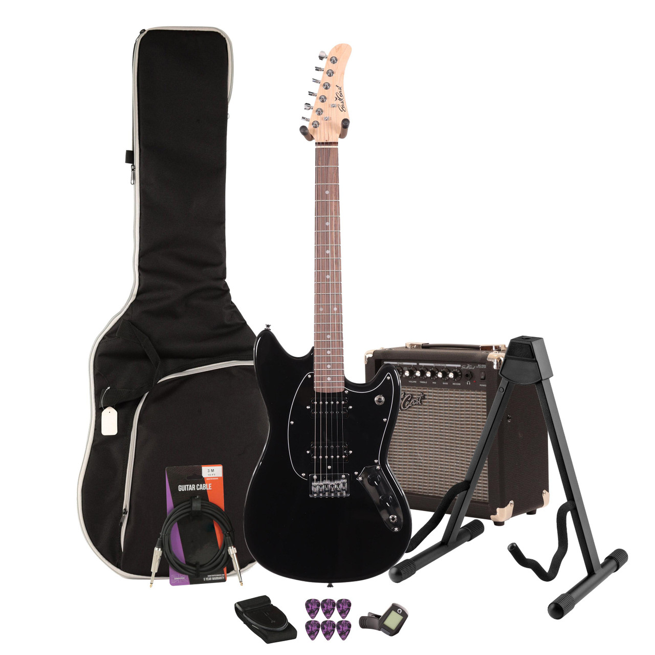 EastCoast MS1 Short Scale Electric Guitar Starter Pack in Black with 15W Amp & Accessories EastCoast MS1 Short Scale Electric Guitar Starter Pack in Black with 15W Amp & Accessories