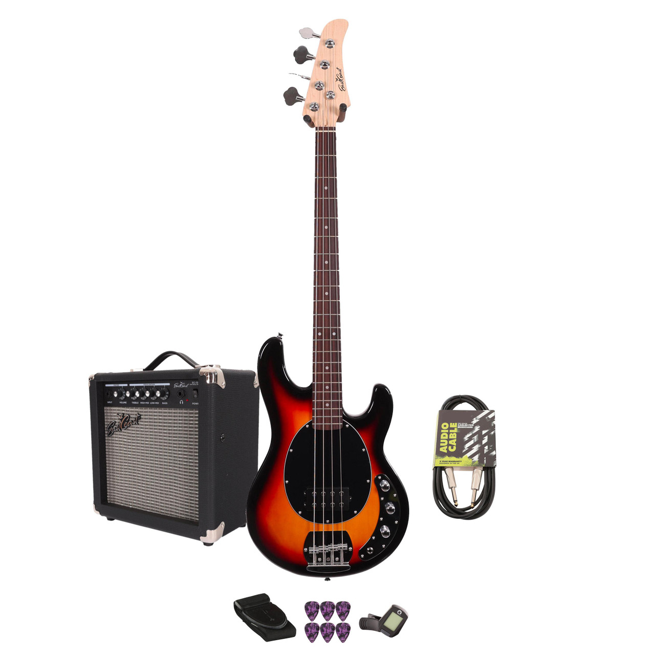 EastCoast SRB Bass Guitar Starter Pack in Three Tone Sunburst with 15W Amp & Accessories EastCoast SRB Bass Guitar Starter Pack in Three Tone Sunburst with 15W Amp & Accessories