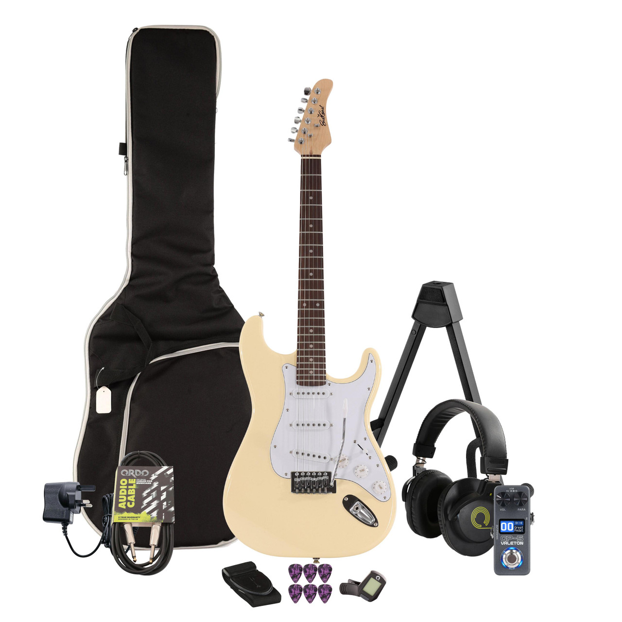 EastCoast ST1 Electric Guitar in Vintage White Multi-FX & Modelling Bundle with Accessories EastCoast ST1 Electric Guitar in Vintage White Multi-FX & Modelling Bundle with Accessories