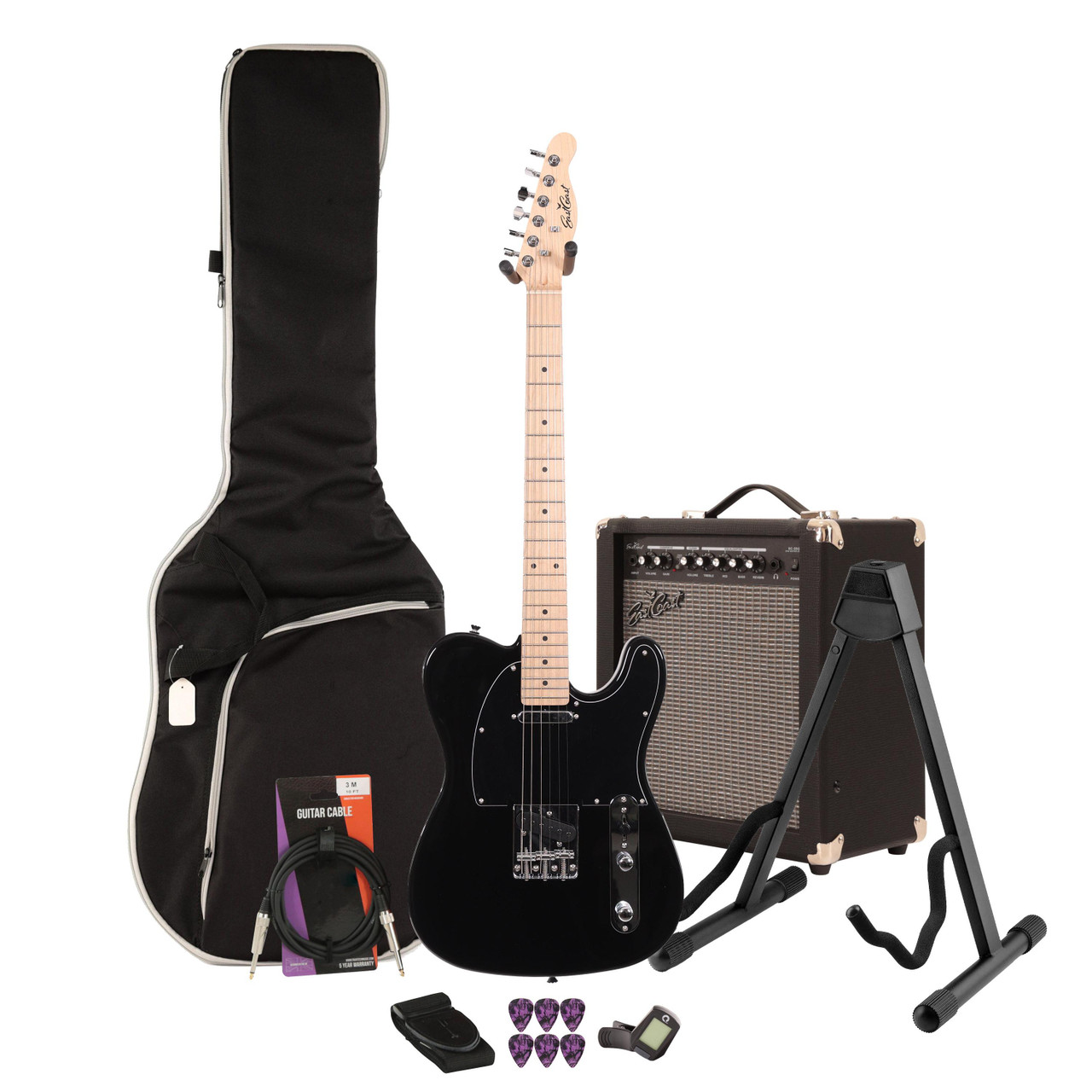 EastCoast T1 Electric Guitar Starter Pack in Black with 35W Amp & Accessories