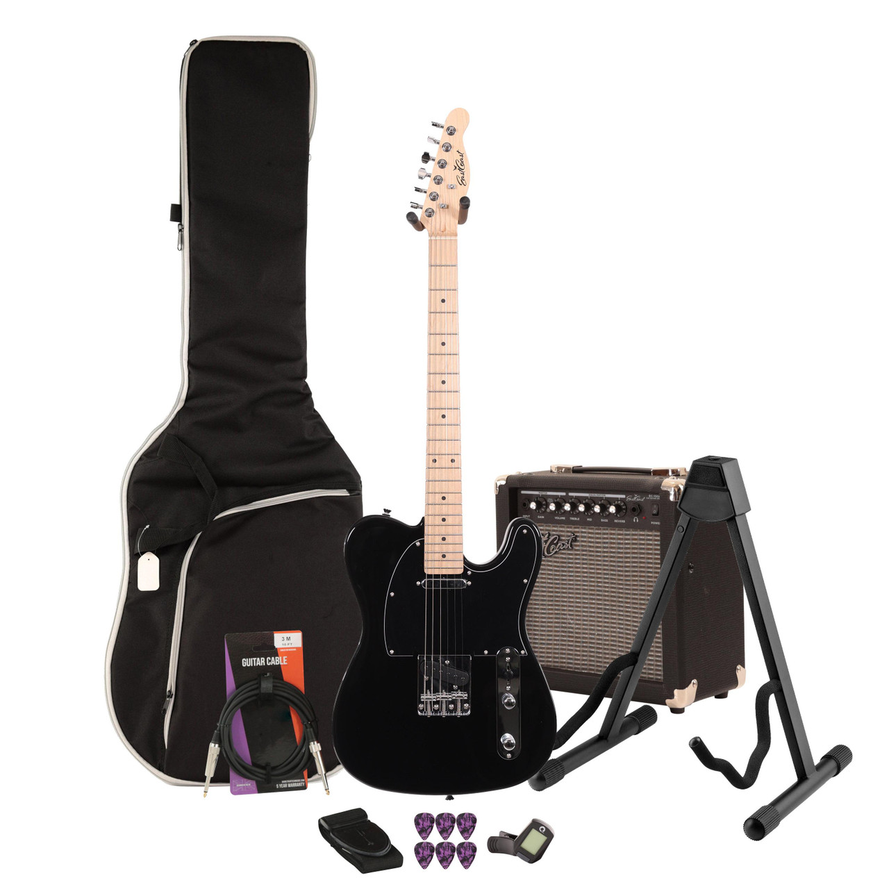 EastCoast T1 Electric Guitar Starter Pack in Black with 15W Amp & Accessories EastCoast T1 Electric Guitar Starter Pack in Black with 15W Amp & Accessories