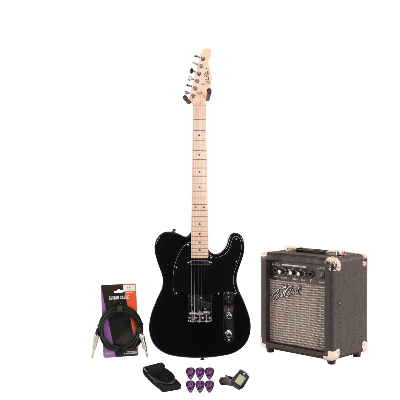 EastCoast T1 Electric Guitar Starter Pack in Black with 10W Amp & Accessories EastCoast T1 Electric Guitar Starter Pack in Black with 10W Amp & Accessories