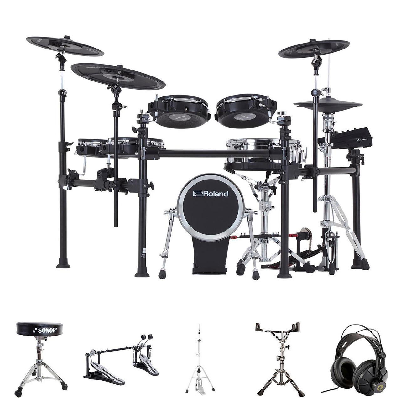 Roland TD713 Kit with Throne, Double Pedal, Sticks, Hi Hat Stand, Snare Stand, and Headphones Roland TD713 Kit with Throne, Double Pedal, Sticks, Hi Hat Stand, Snare Stand, and Headphones